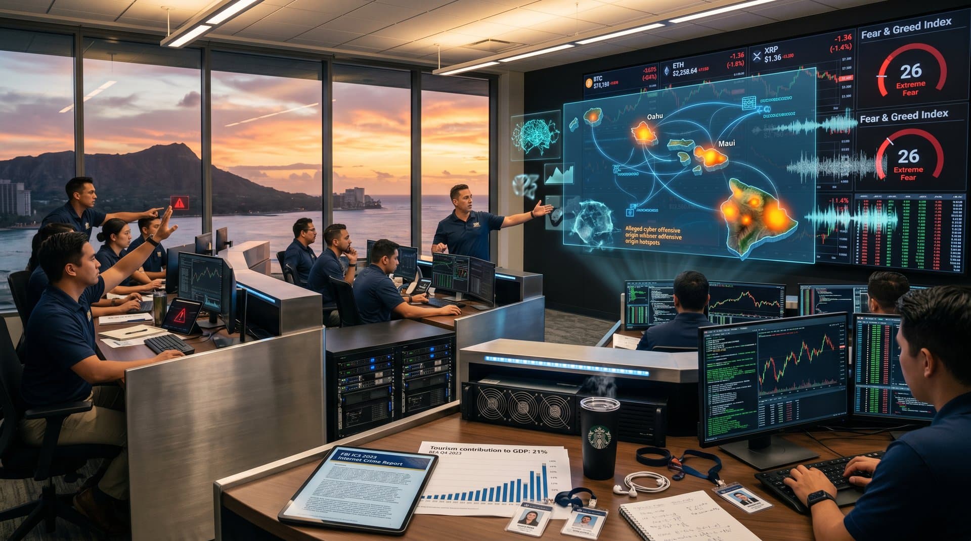 Trading floor analysts monitor crypto charts, Hawaii scam maps, and AI fraud alerts on multi-screens