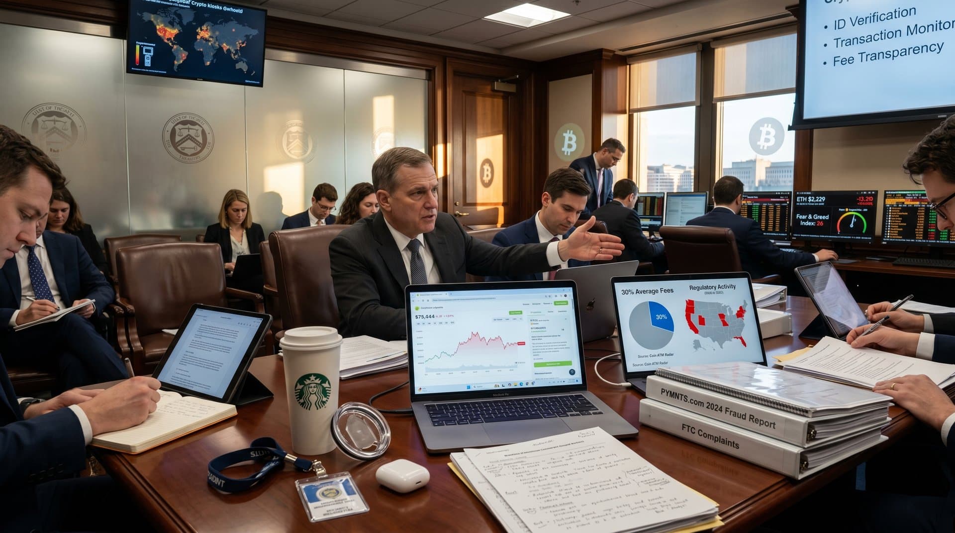 Government hearing room with screens showing crypto kiosk regulations, Bitcoin prices, and market charts