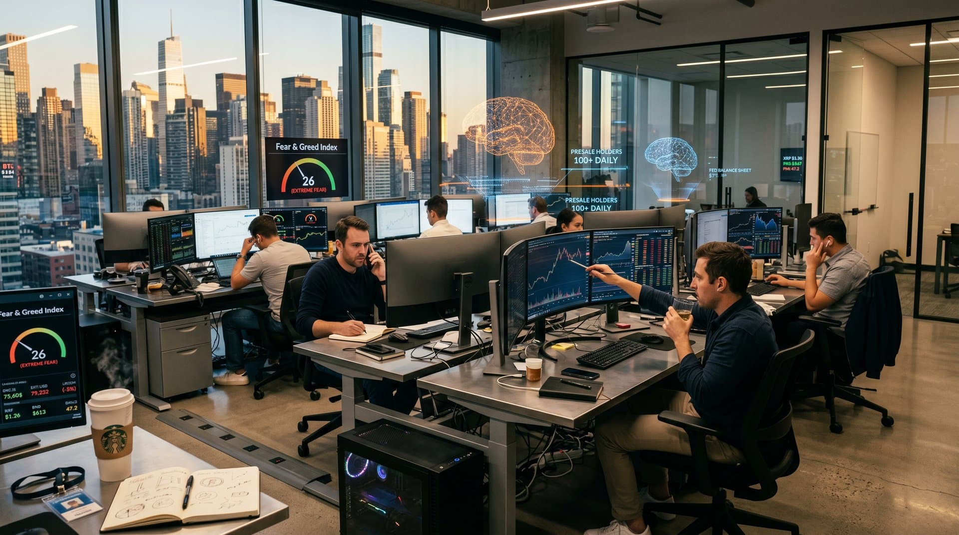 Trading floor monitors show presale surge, BTC at $75k slump, ETH charts, Fear & Greed Index at 26