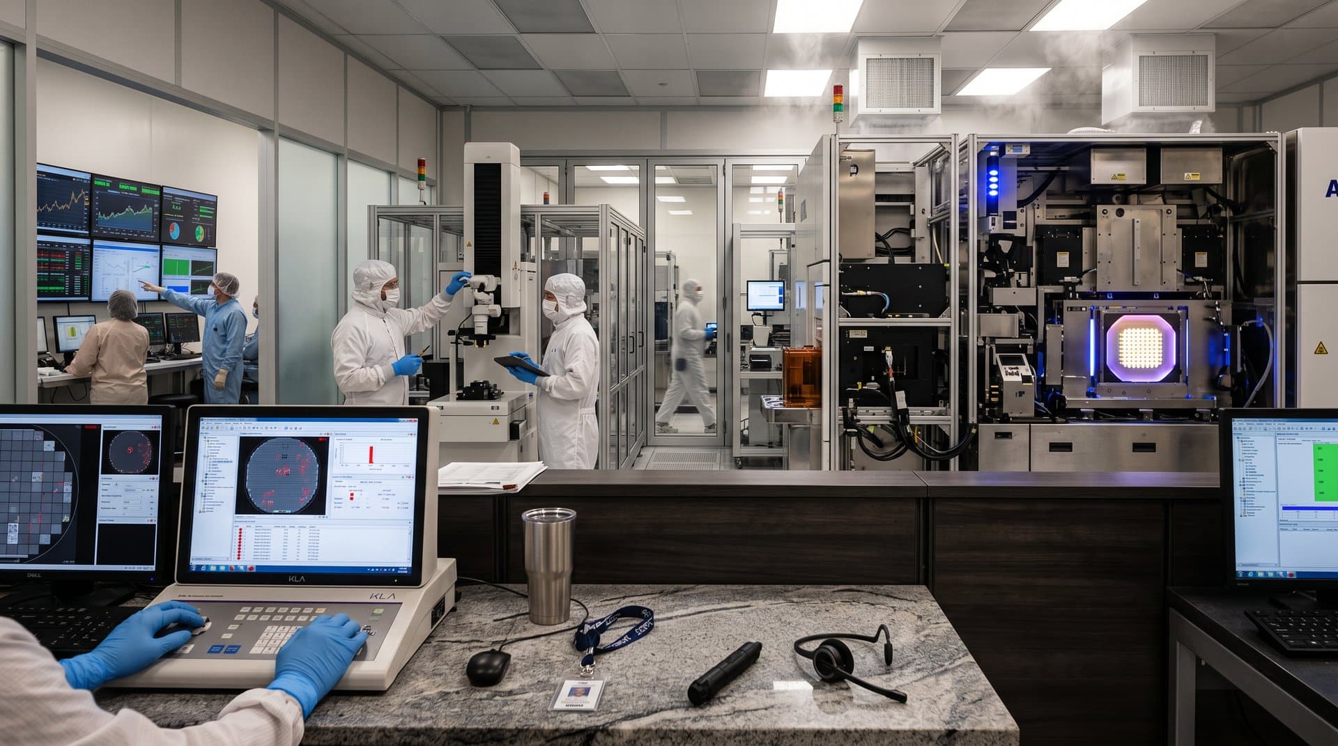 Engineers in cleanroom suits inspect silicon wafers using KLA tools amid EUV machines and robotic tracks in a high-tech TSMC semiconductor fab