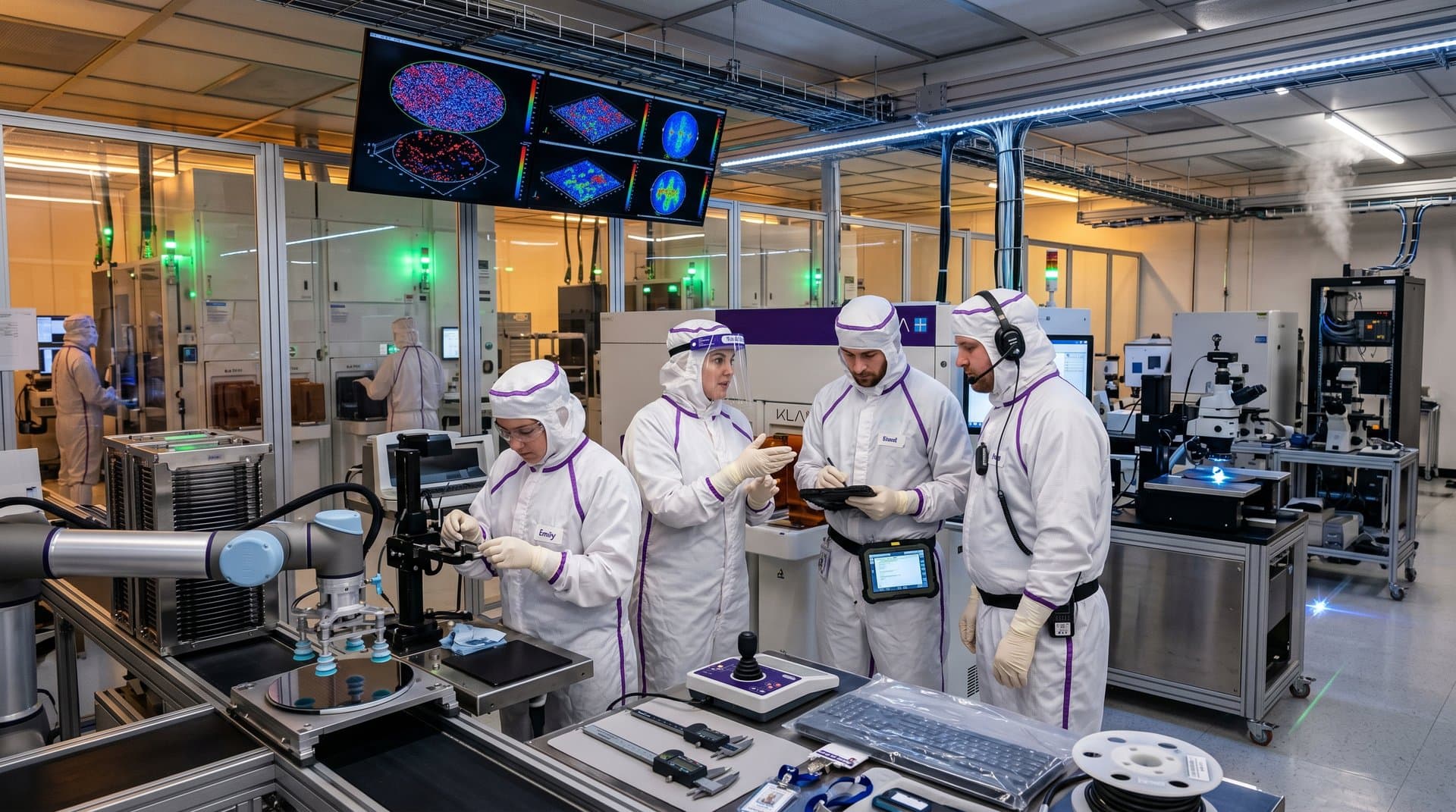 Cleanroom engineers inspect wafer on KLA scanner in advanced semiconductor fab with robotic handlers and defect maps