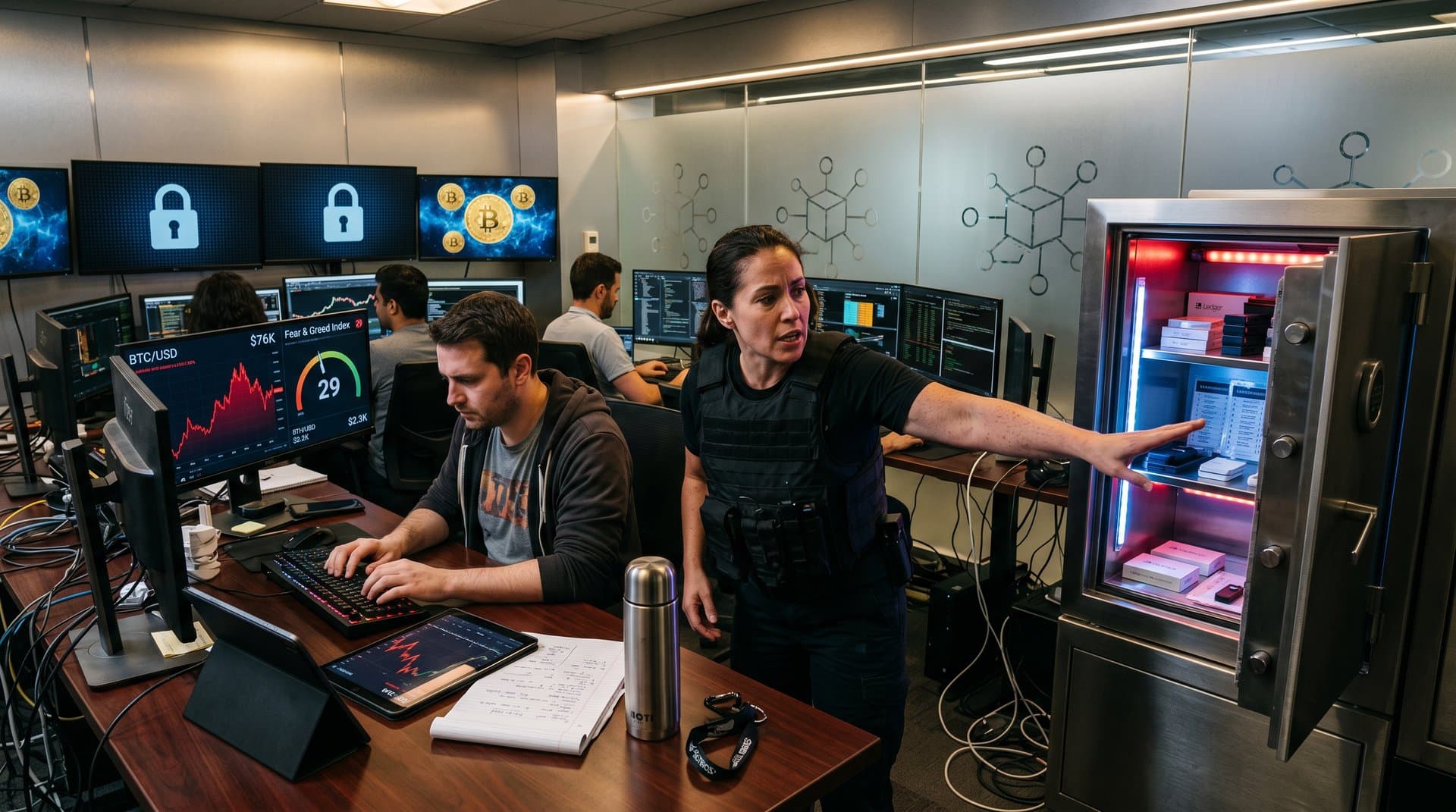 High-tech home safe with crypto wallets and charts illustrating physical theft risks amid market fear