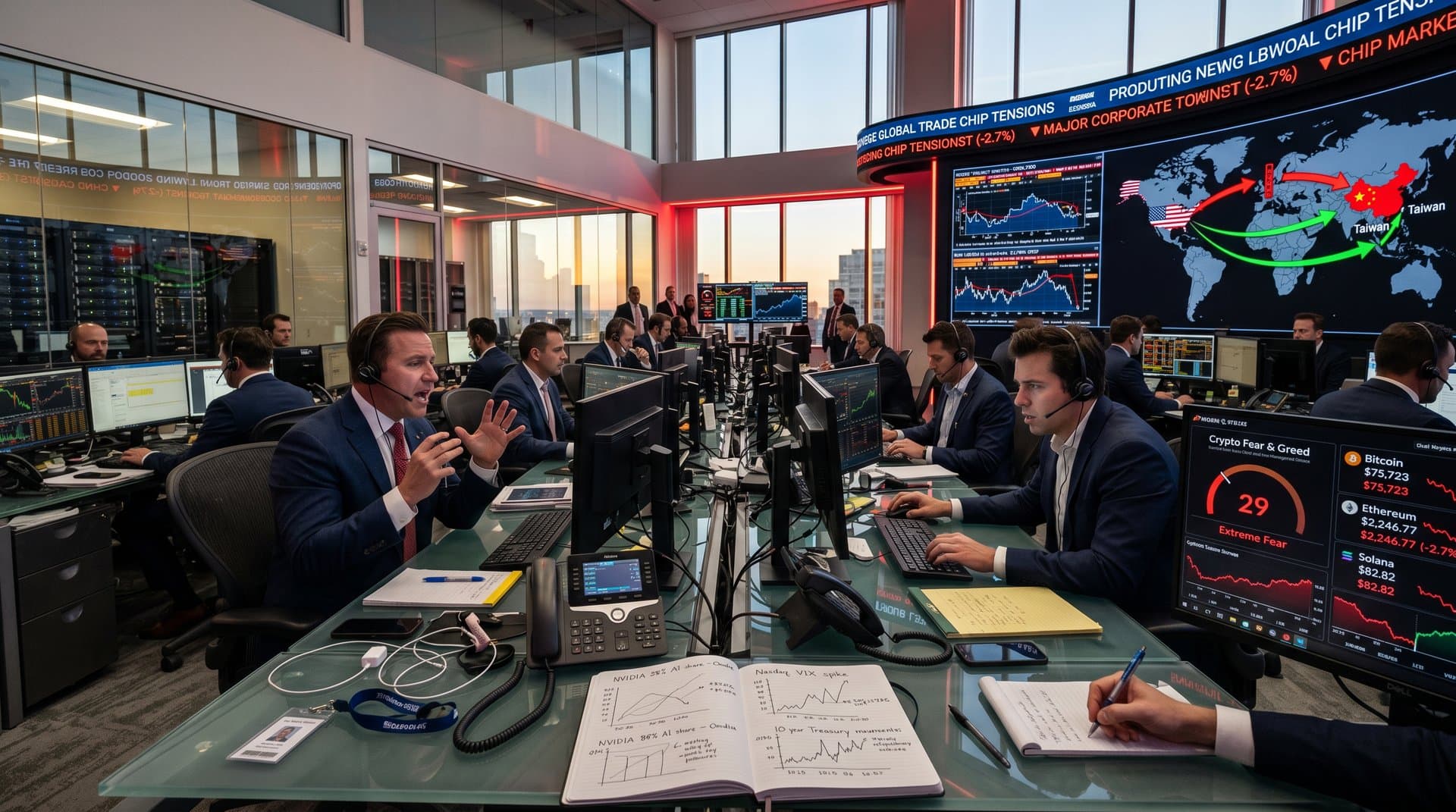 Trading floor monitors show crypto charts, US-China supply disruptions, and Meta China AI deal reversal headlines