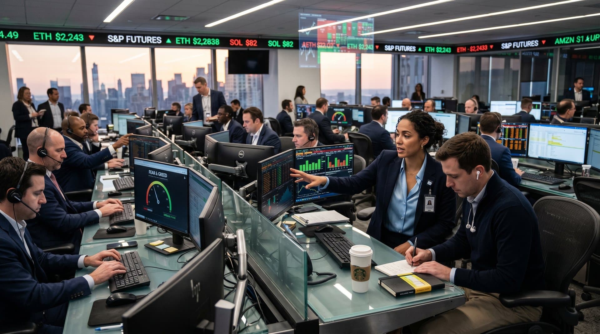 Traders analyze Amazon Q1 earnings and AI charts on trading floor multi-screens