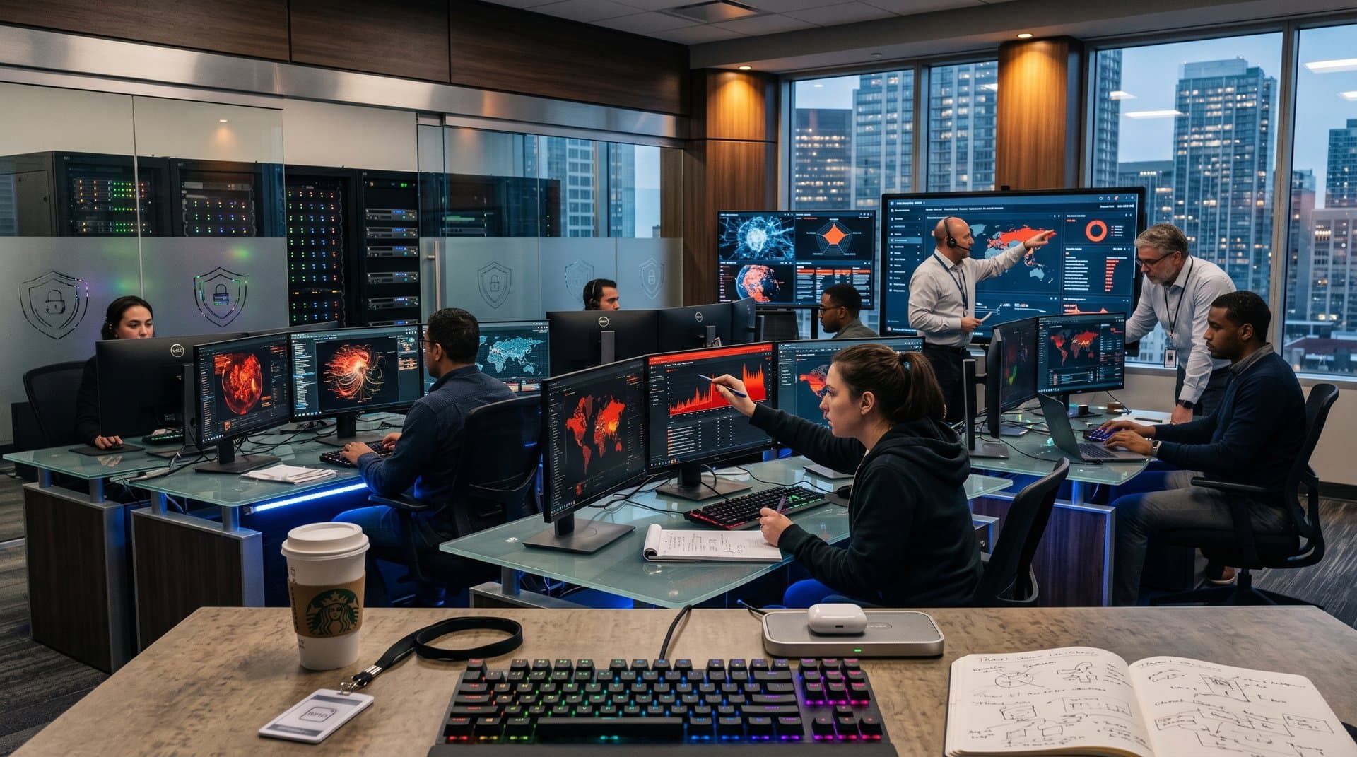 Cybersecurity team monitors AI-driven threat maps in advanced operations center
