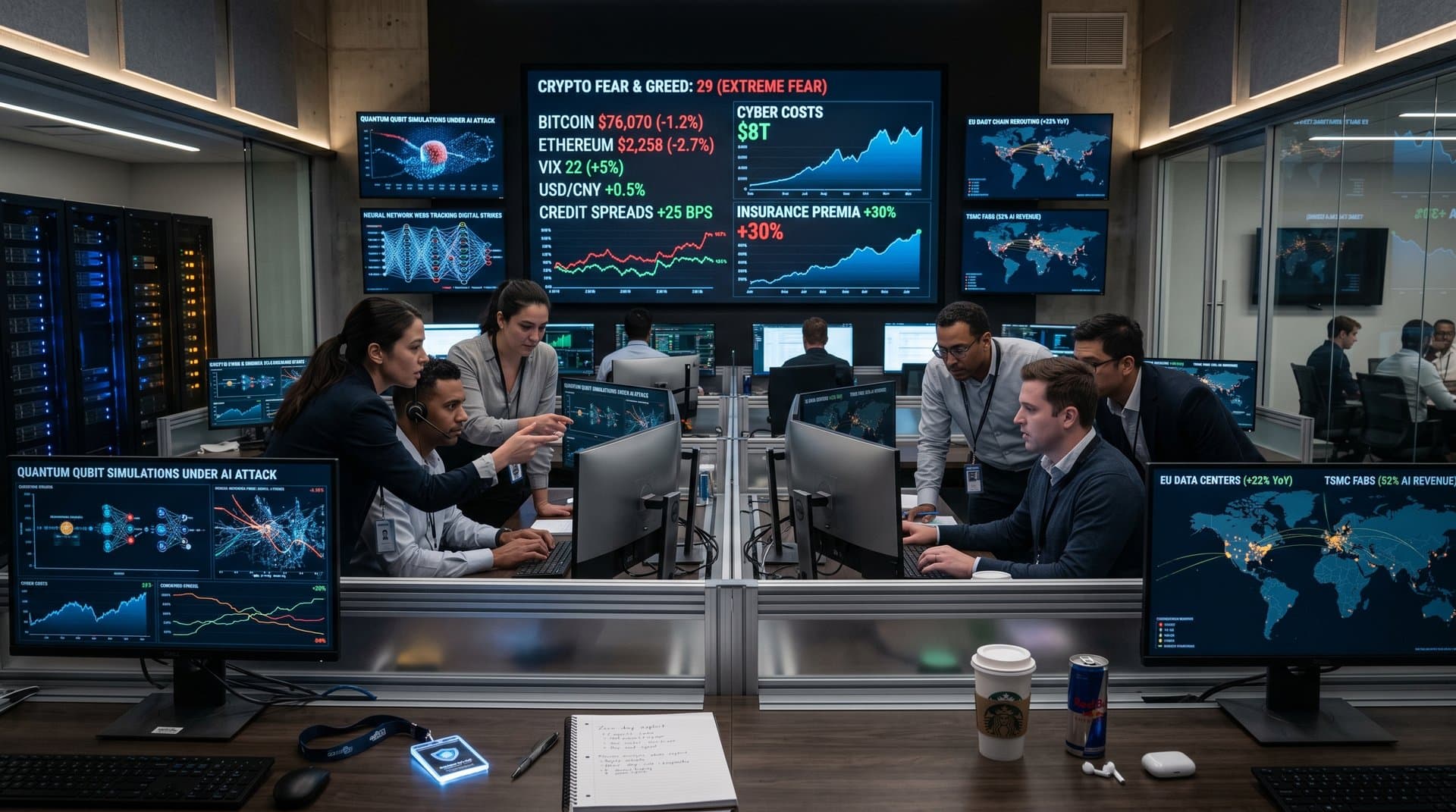 Holographic cyber arms race with quantum attacks, AI networks, and crypto market charts in high-tech center