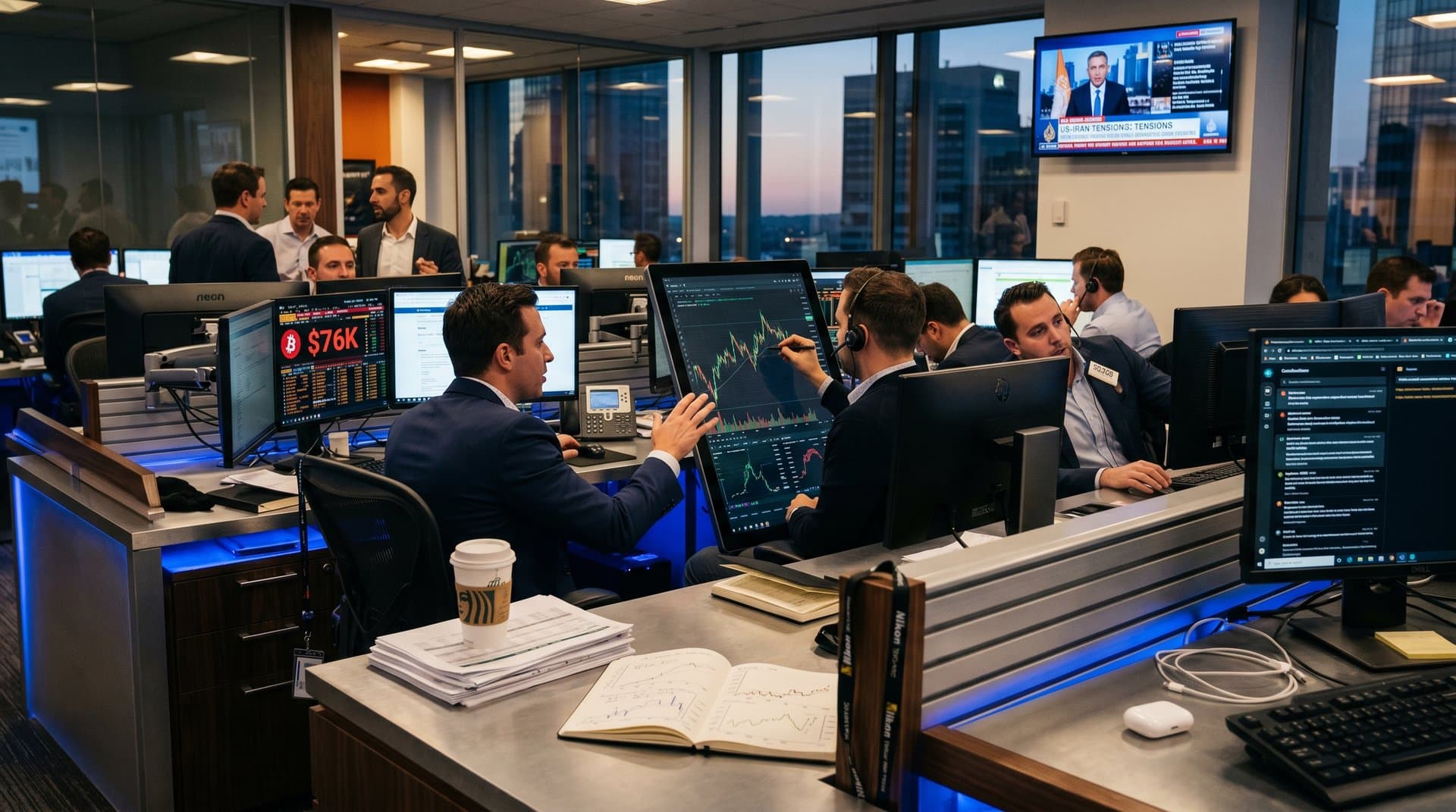 Trading floor terminals show BTC charts and US-Iran crypto sanctions data amid market volatility