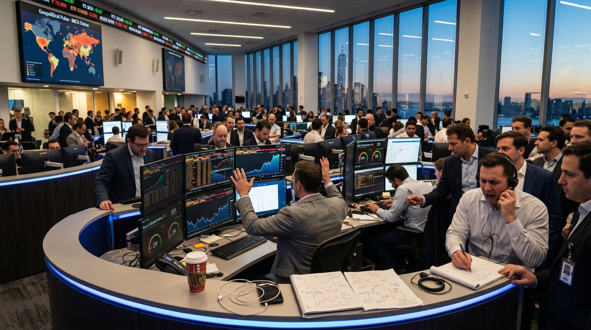 Traders at Wall Street desks monitor cryptocurrency skyrocket forecasts on multi-screen terminals amid fear indicators