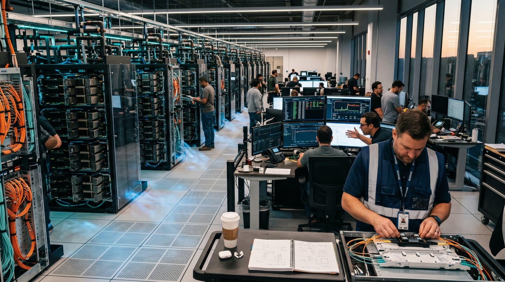Engineer adjusts AI server rack in Tier IV data center with monitors, technicians, and glowing racks under LED lights