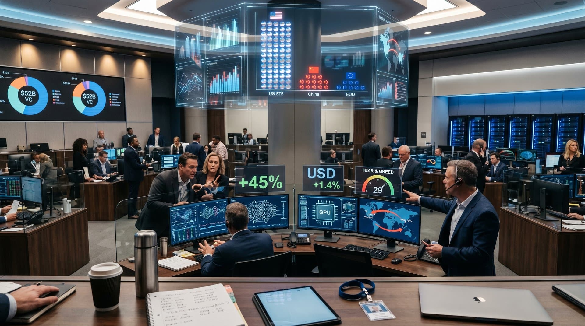 High-tech AI lab displaying Forbes 2026 AI 50 leaderboard, stock charts, global trade maps, and server racks amid geopolitical finance visuals