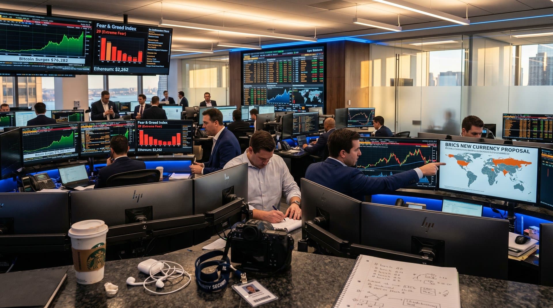 Trading desks with Bloomberg terminals showing Bitcoin at $76K, Fear & Greed at 29, and de-dollarization charts amid professional finance environment
