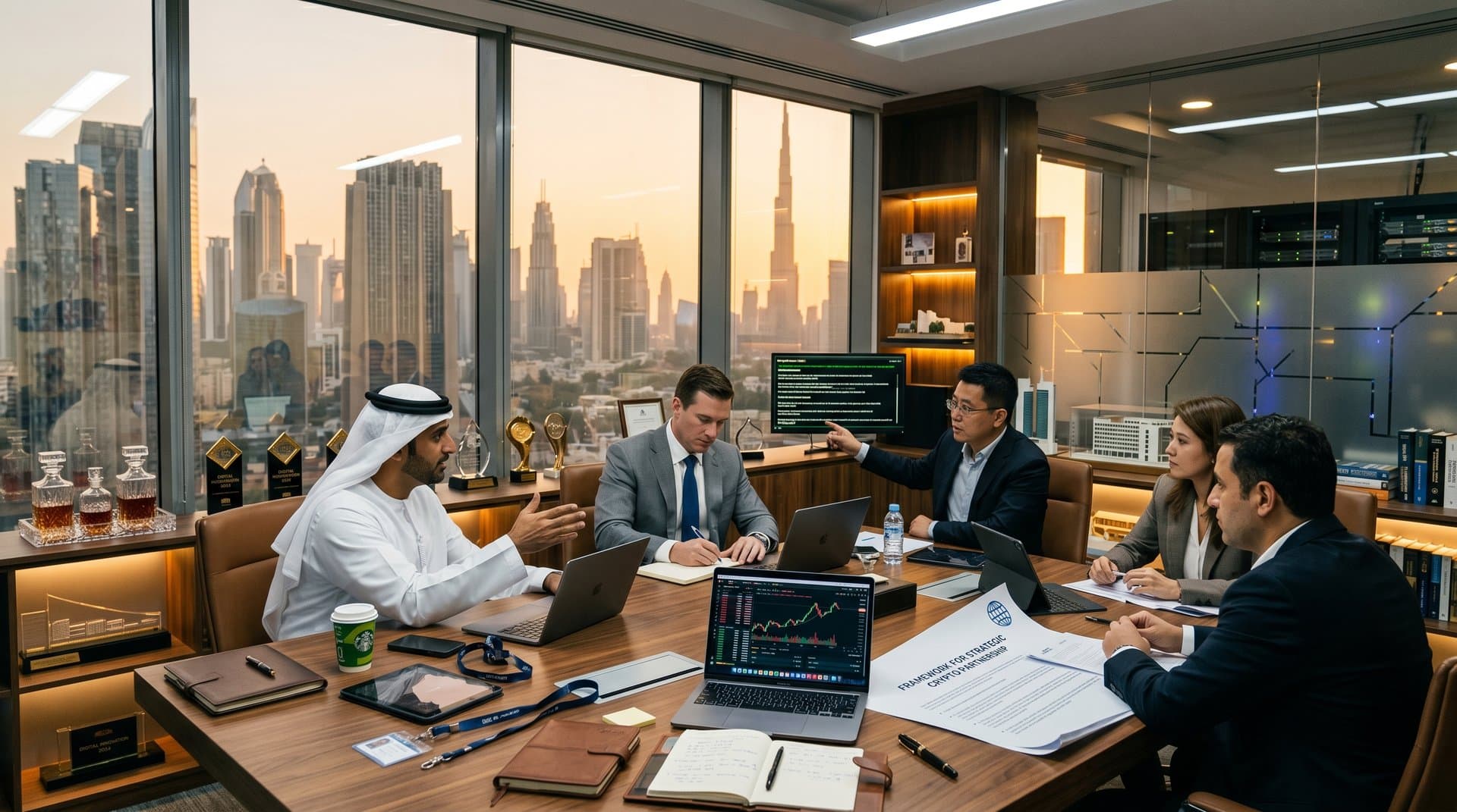 DIFC boardroom with Dubai skyline, crypto charts on monitors, world map of China-US-UAE pact