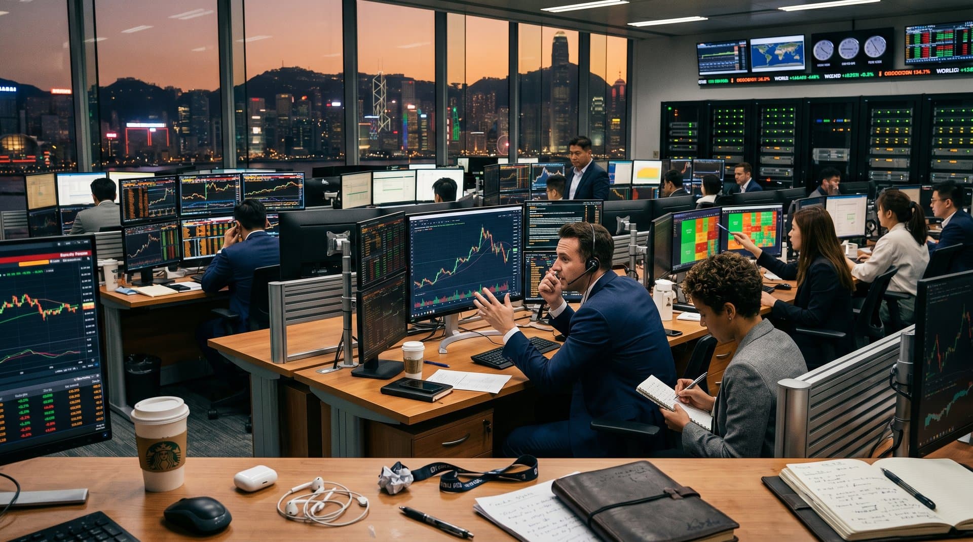 Trading floor monitors display Bitcoin safe haven at $76K, Fear & Greed Index 29, geopolitical volatility charts in professional finance hub