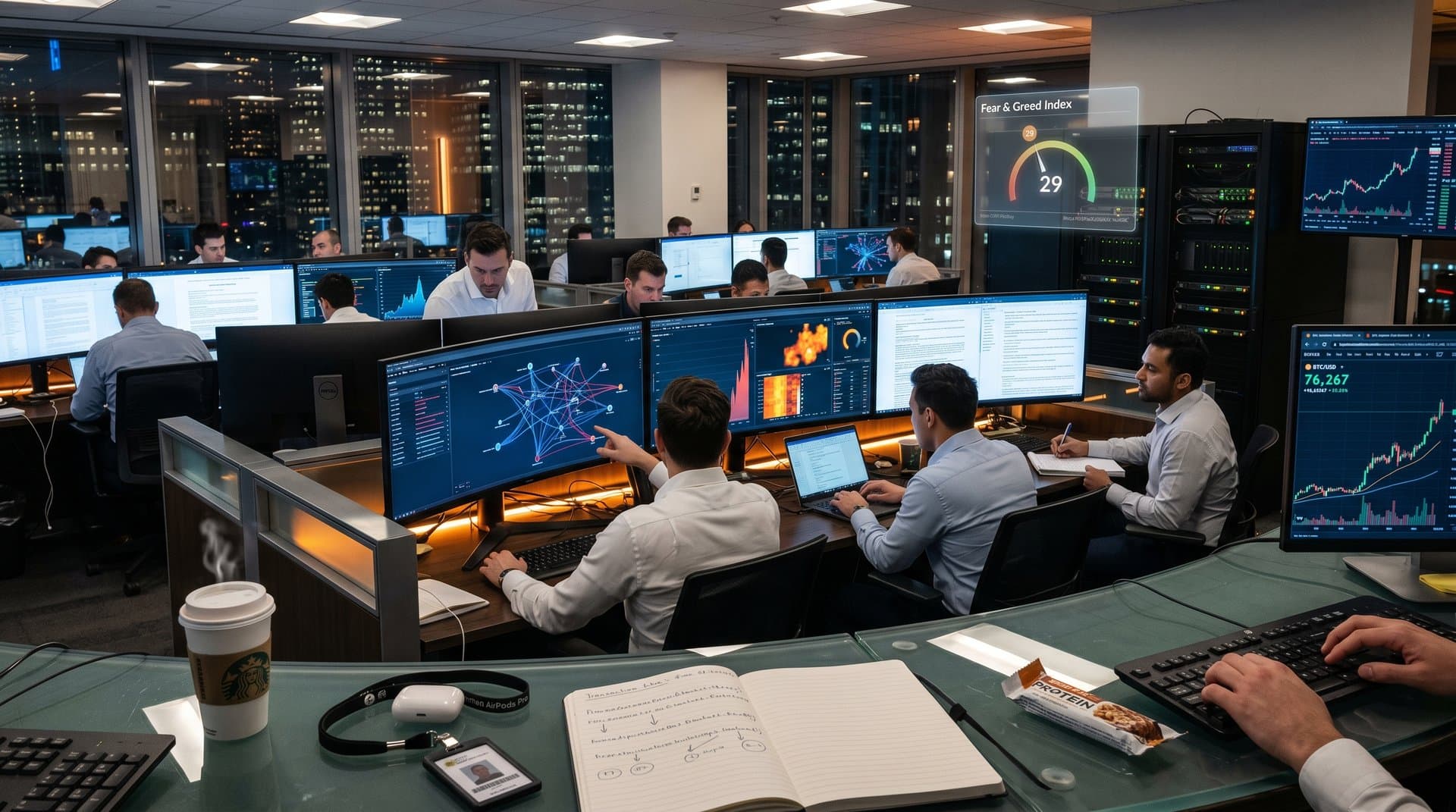 Analysts at compliance desks with Bloomberg terminals showing AI blockchain analytics and transaction risk maps in a modern trading center