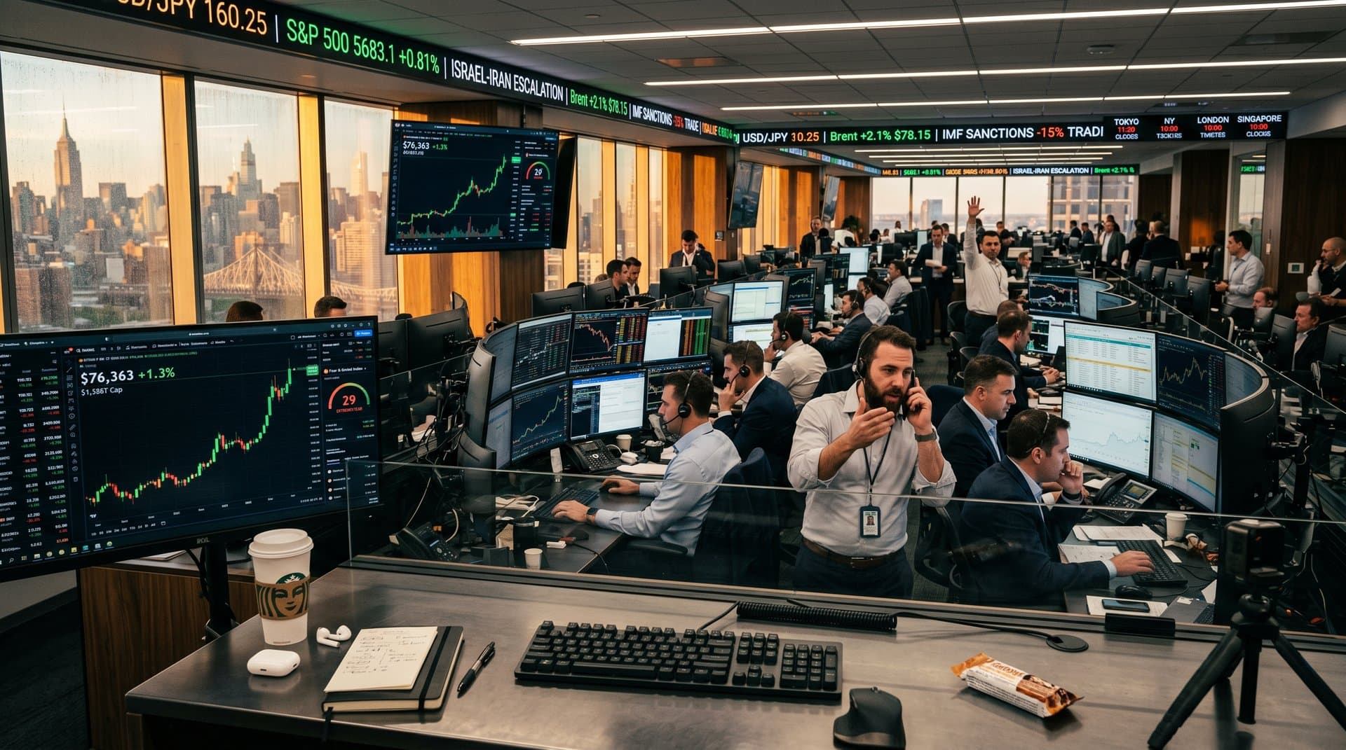 Traders monitor Bitcoin charts at $76,363 on terminals amid geopolitical tickers on trading floor