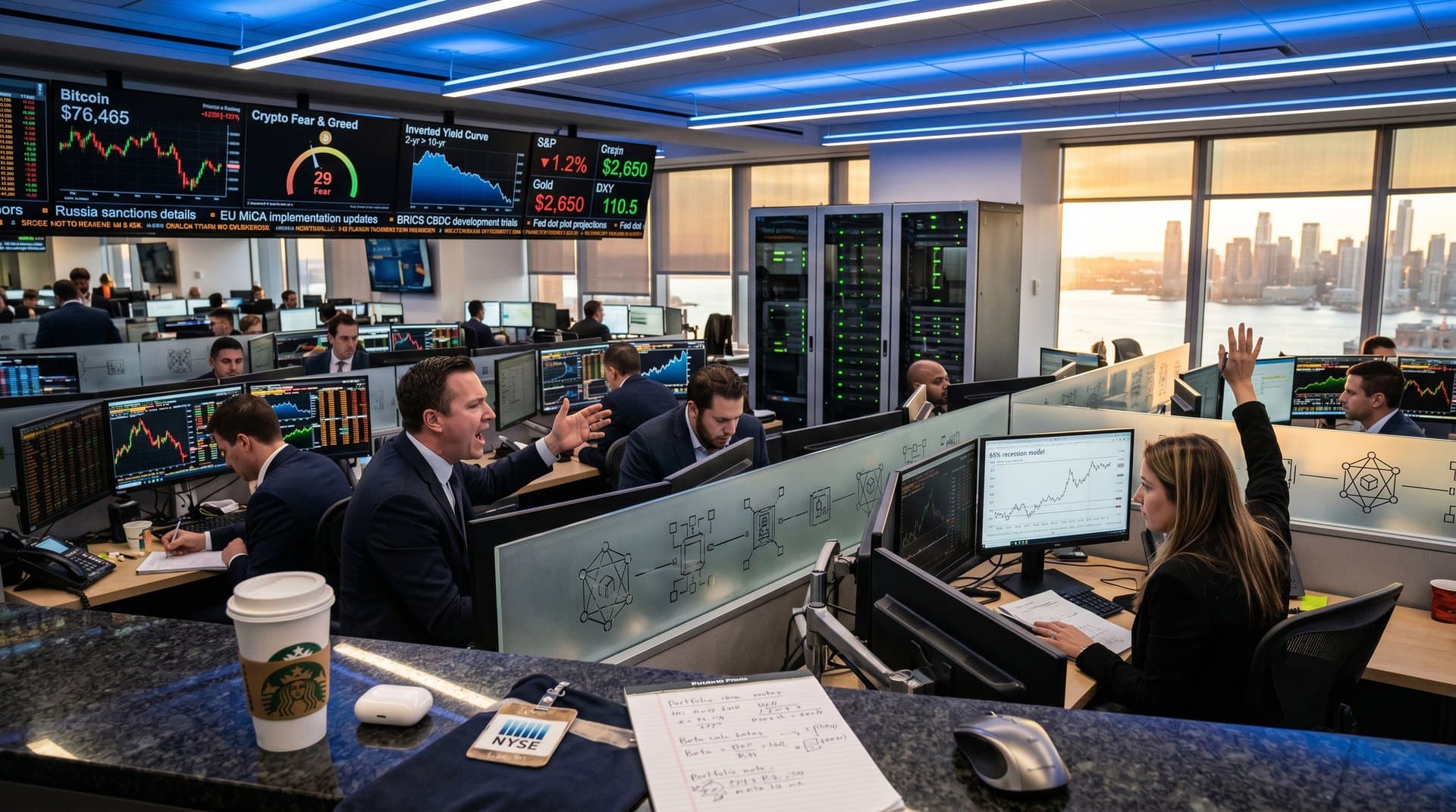 Trading floor monitors display Bitcoin at $76K, Fear Index 29, yield curves, and global macro tickers against Manhattan skyline