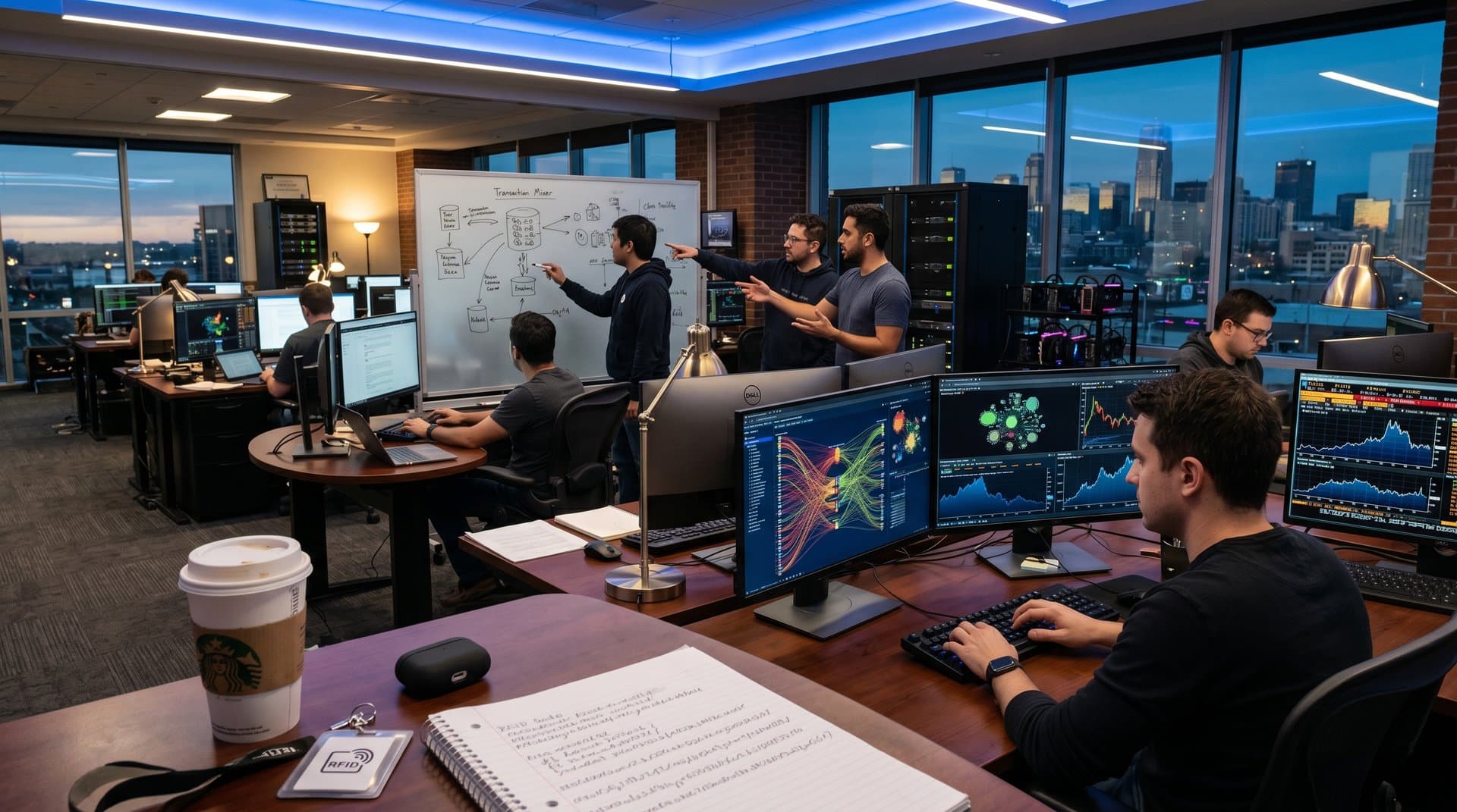Blockchain forensics analysts review transaction heatmaps and graphs in modern operations center with skyline view