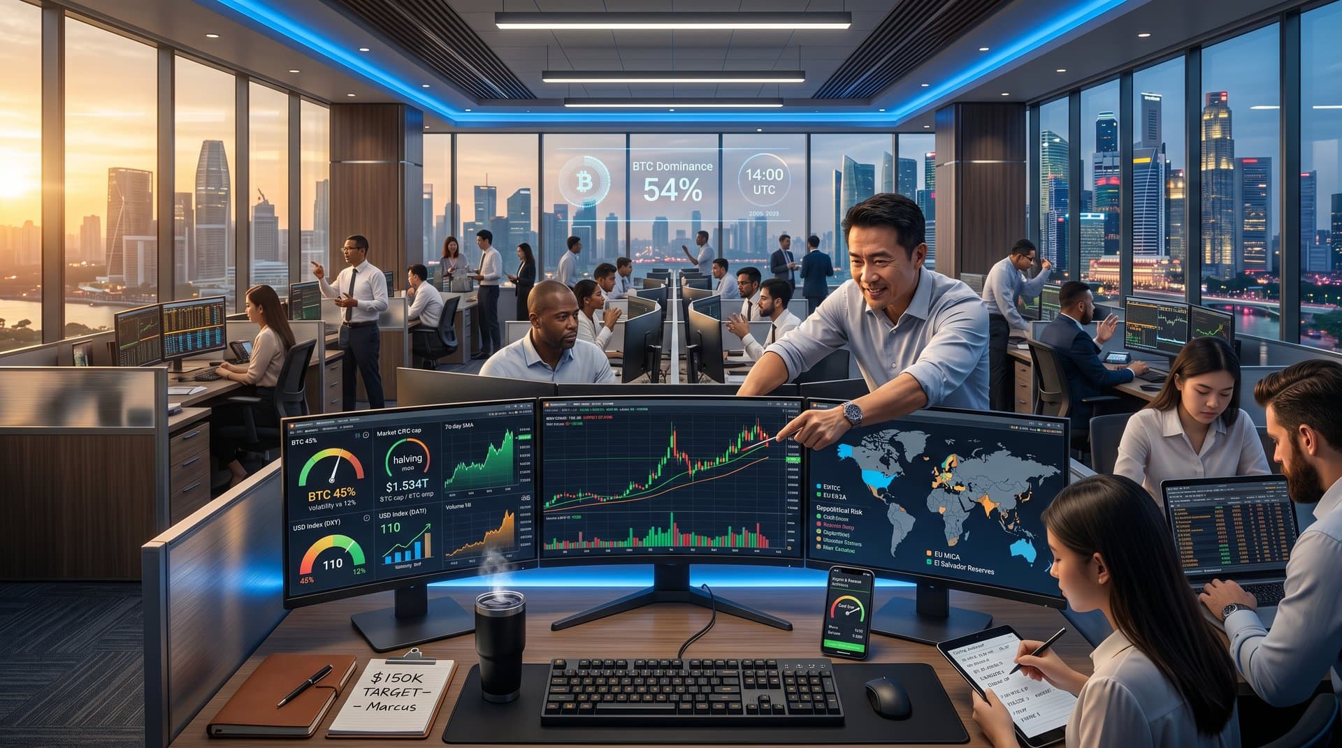 Trading floor analysts review Bitcoin price at $76,633, Fear & Greed Index, and crypto market data on Bloomberg terminals
