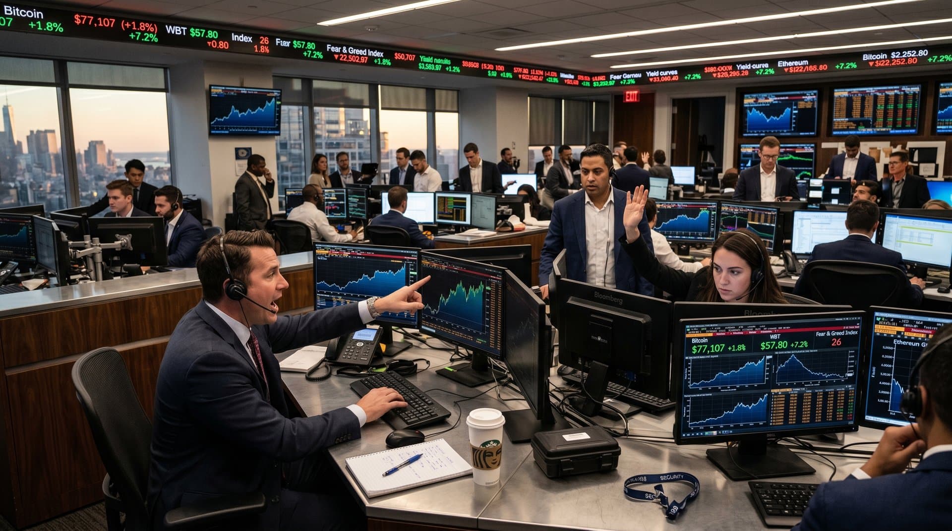 Traders on professional floor with terminals showing Bitcoin at $77k, WBT surge, Fear & Greed at 26 amid volatility charts