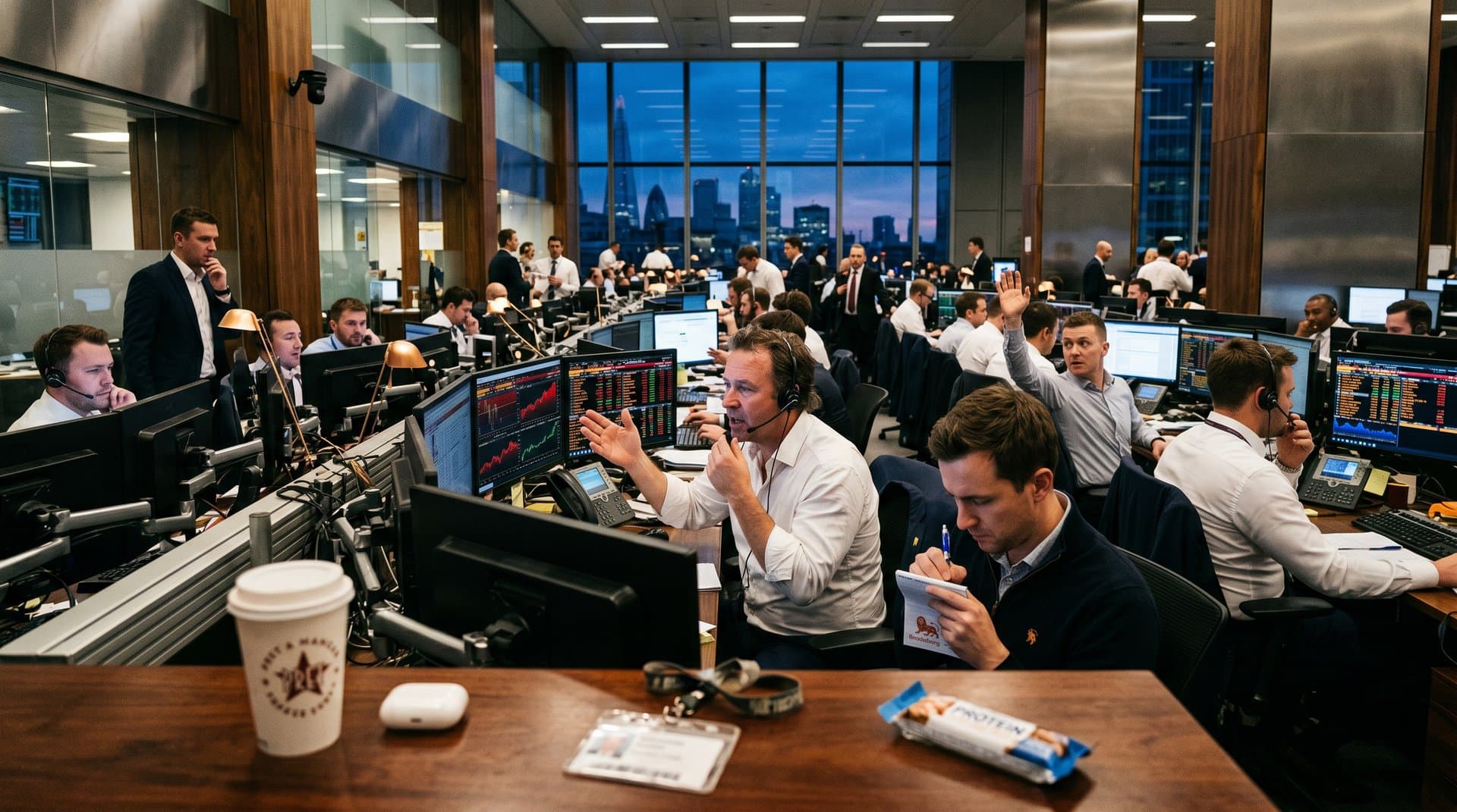 Modern trading floor screens displaying crypto prices, Fear & Greed Index, and UK political news on Restore Britain refund