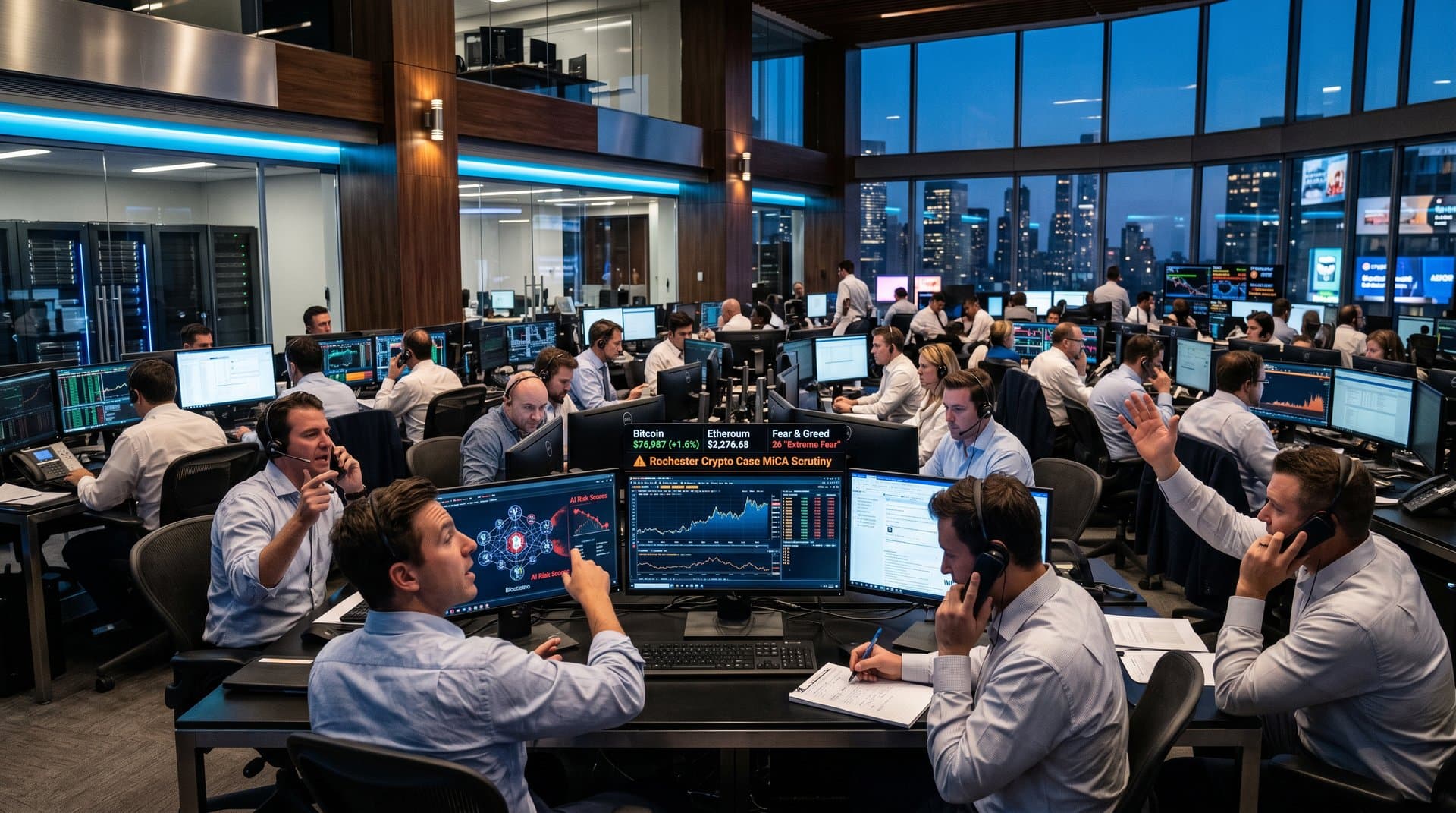 Trading floor with crypto charts showing Bitcoin at $76,987 and regulatory alerts amid market analysis