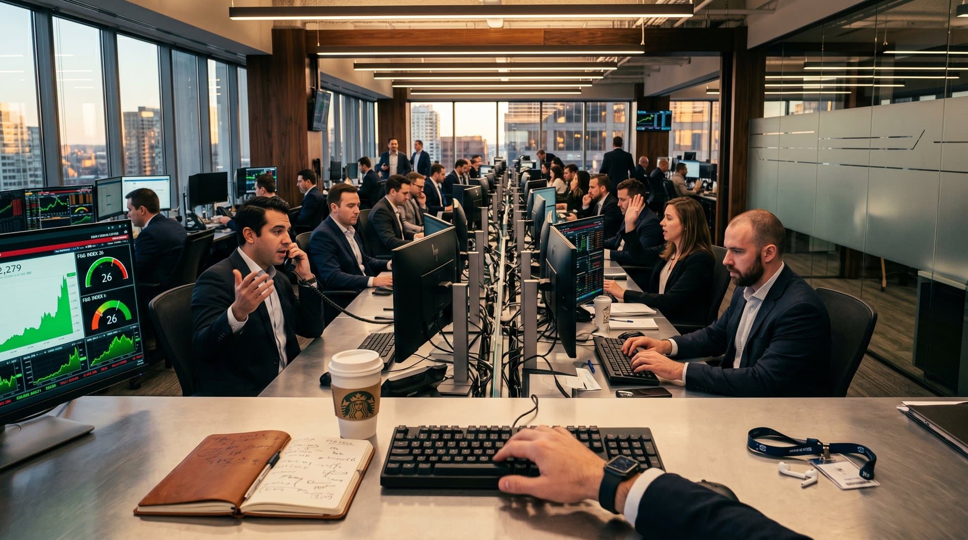 Traders analyze DeFi ETH recovery charts on terminals with live crypto prices and Fear & Greed Index on modern trading floor
