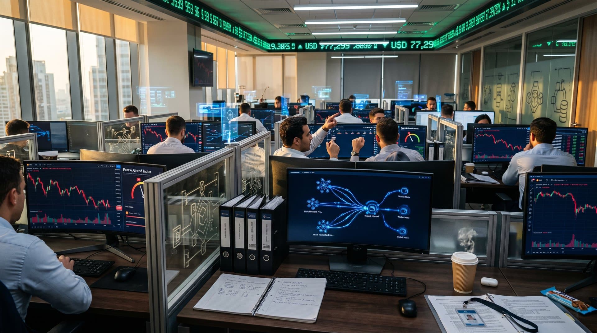 Trading floor analysts monitor BTC charts at $77,299 and Fear Index at 26 amid regulatory news on crypto illicit payments