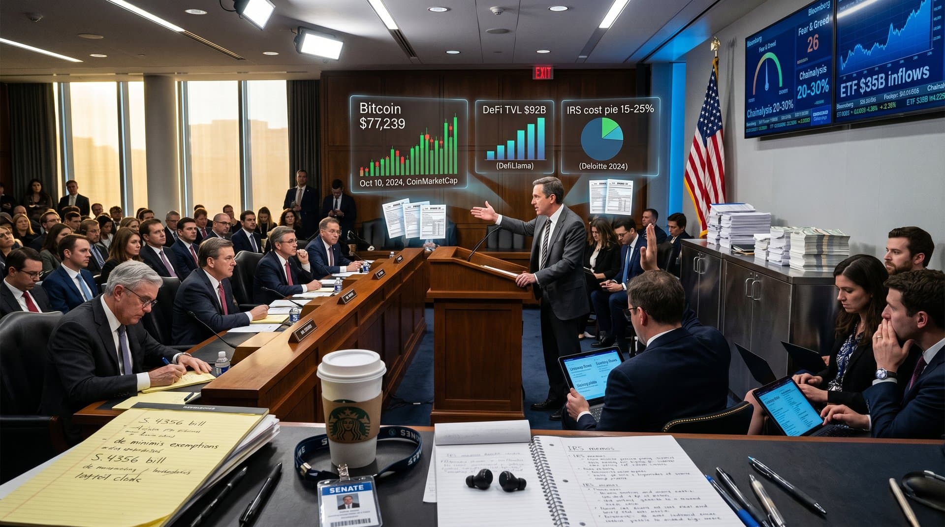 Senate Finance Committee room with crypto charts and tax documents on screens during policy hearing