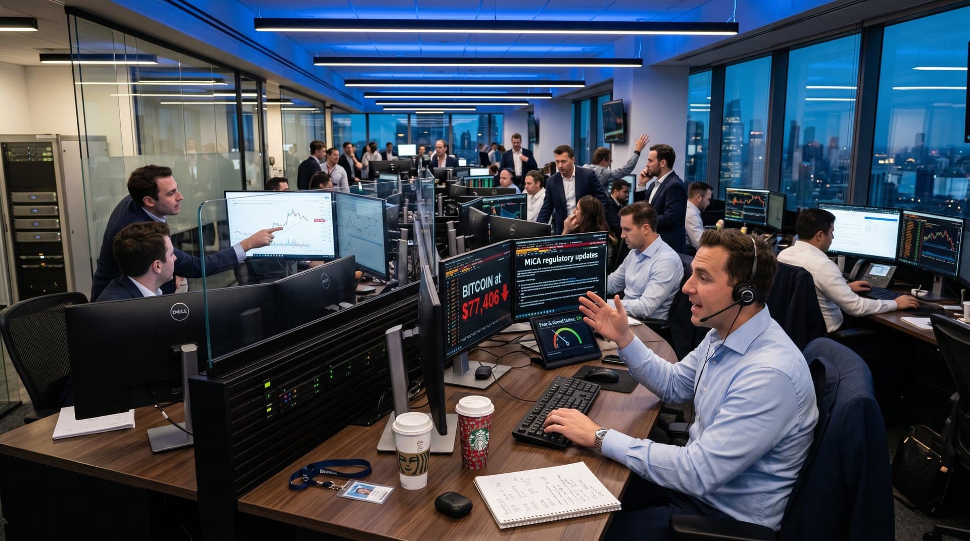Traders at professional desks with Bloomberg terminals showing BTC charts, regulatory tickers, Fear & Greed Index amid city skyline
