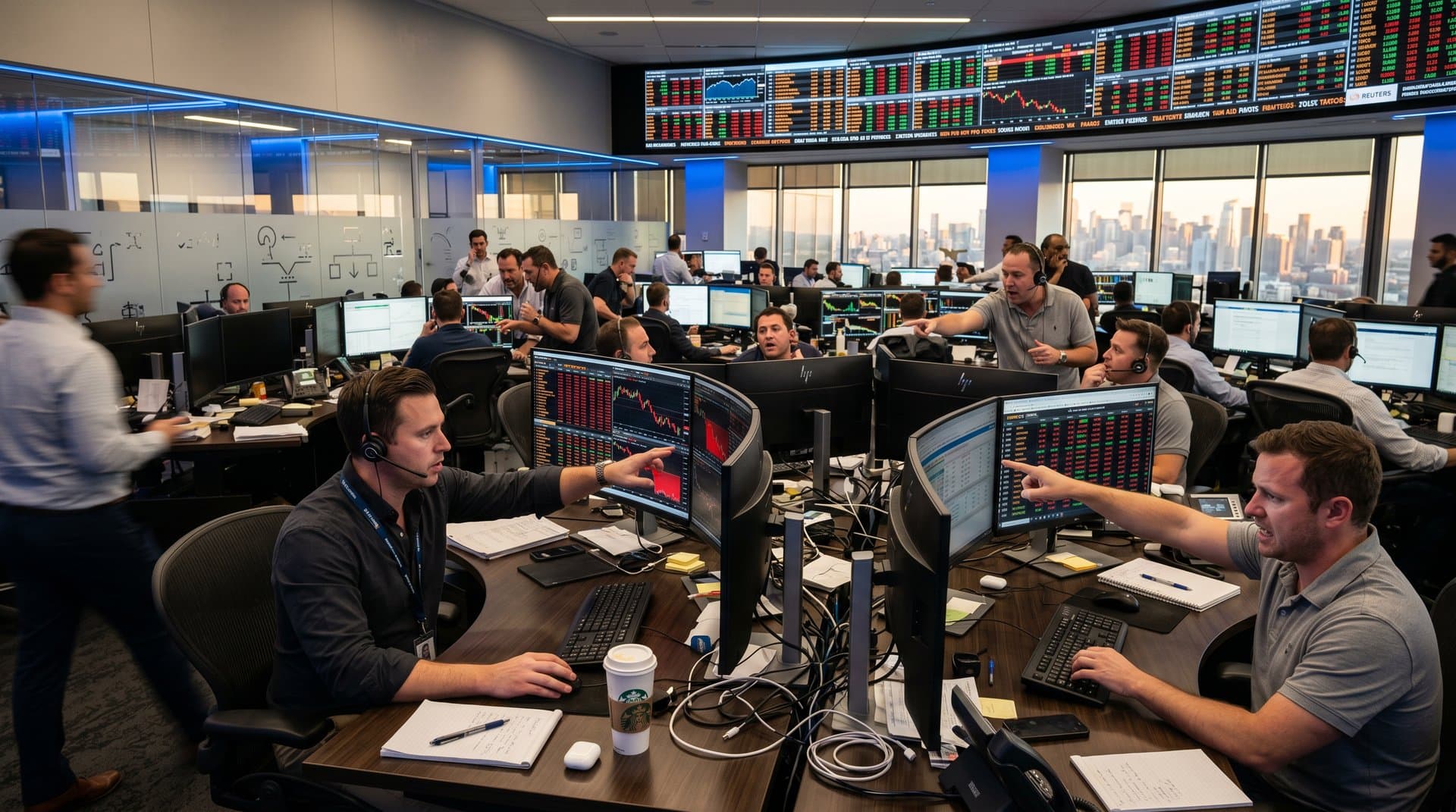 Modern commodities trading desk with multi-monitor setups showing oil futures volatility charts, collaborative traders, and high-tech data displays