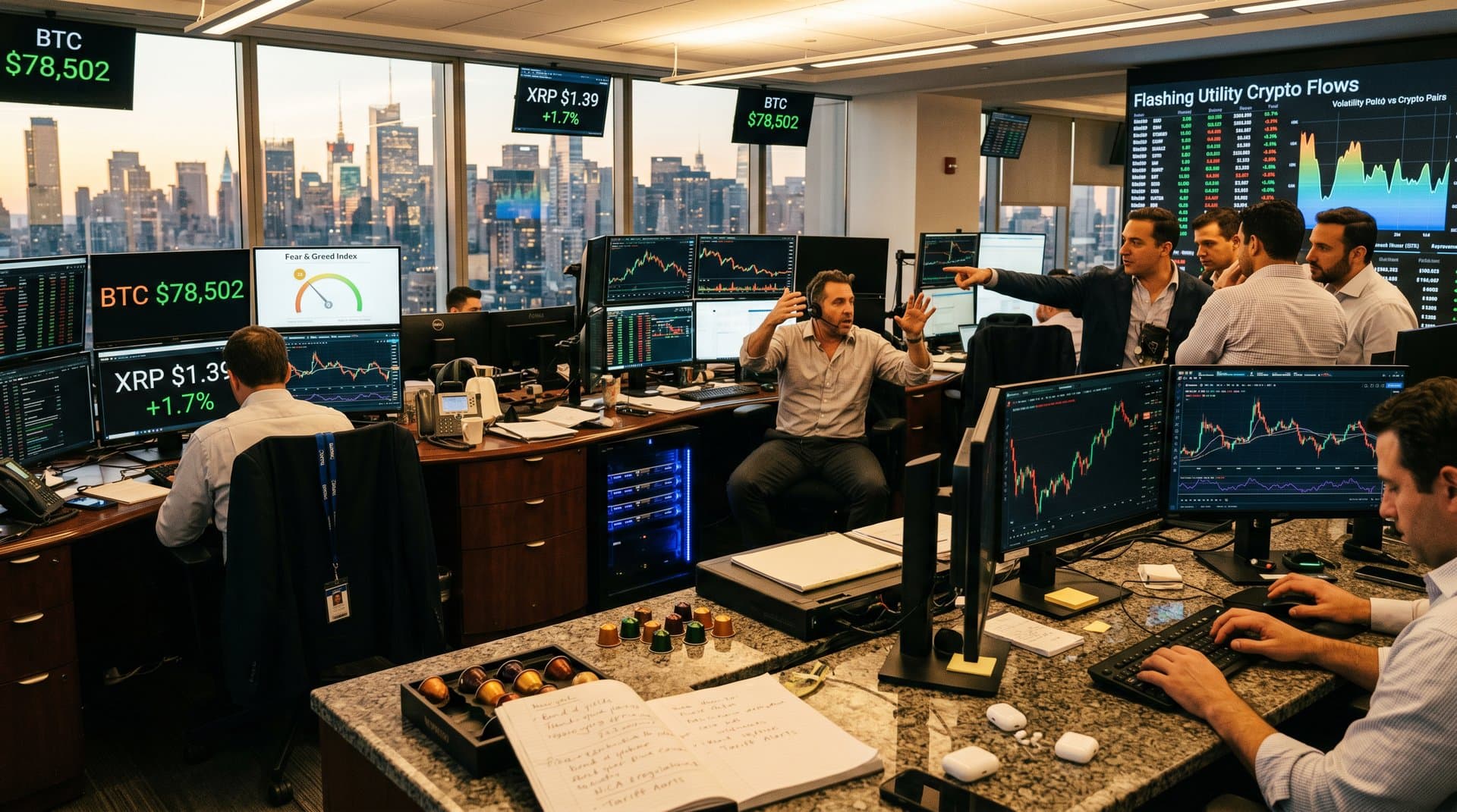 Trading desks with Bloomberg terminals displaying Bitcoin $78K, XRP gains, Fear & Greed 26 amid skyline and charts