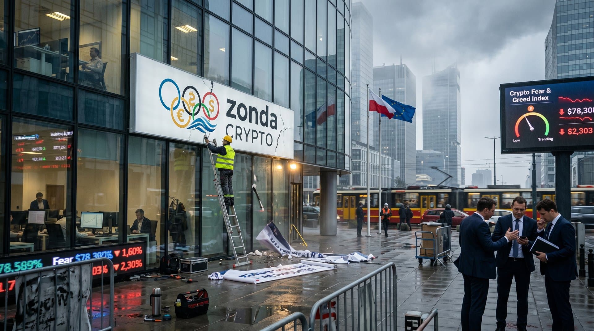 Workers removing Zonda Crypto Olympic sponsorship sign from Polish Olympic HQ with crypto volatility indicators