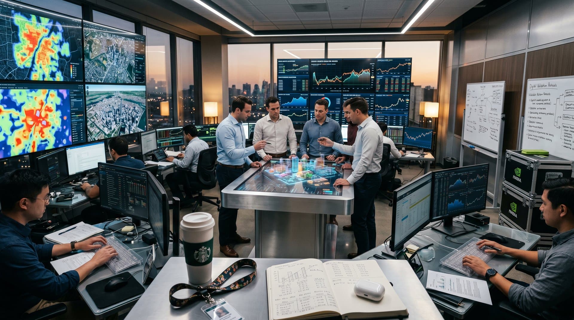 High-tech screens show AI land use heatmaps, 3D models, and market charts in futuristic command center