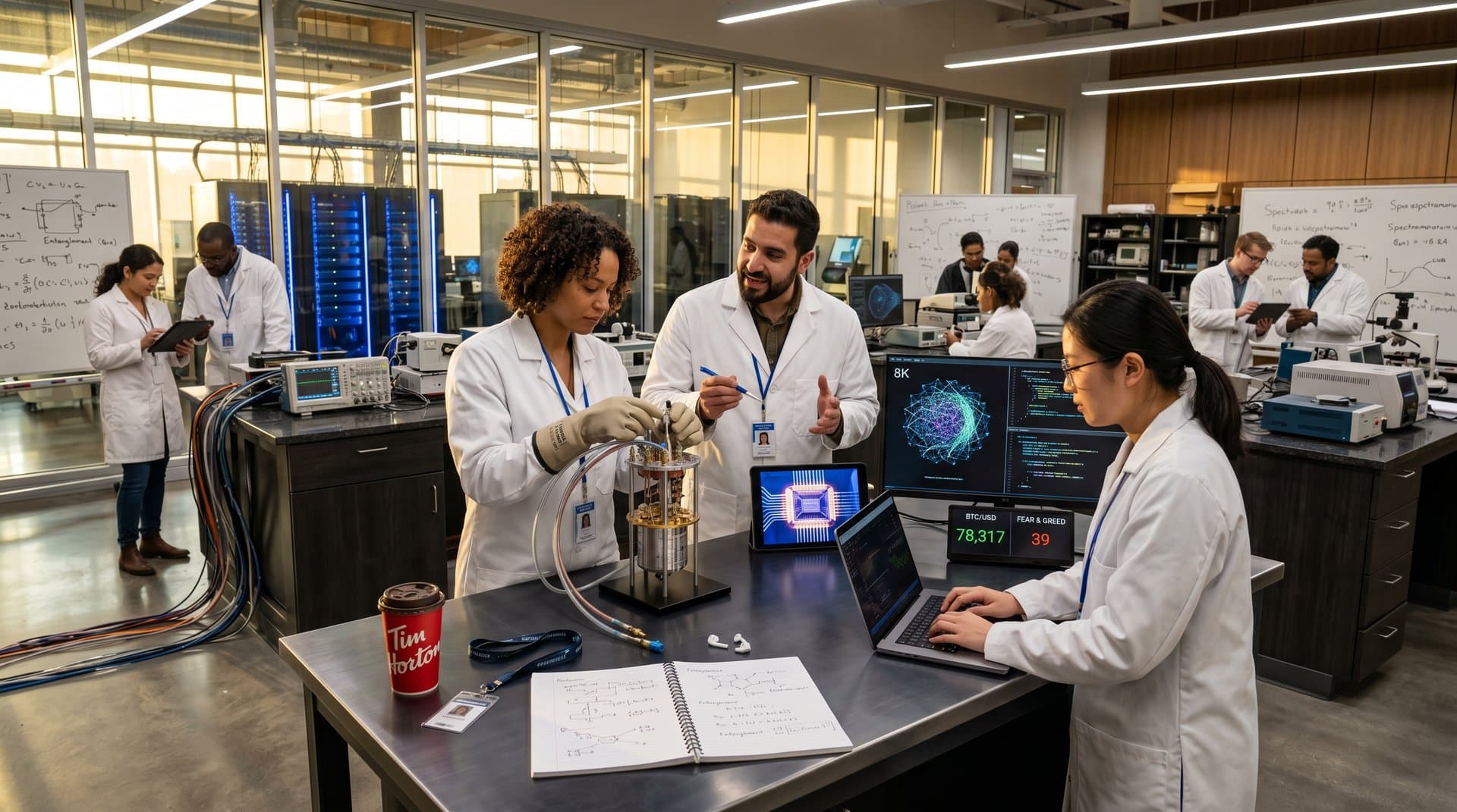 Canadian quantum AI lab with qubit prototypes, AI code, crypto charts including BTC 78317 and Fear 39 in modern tech environment