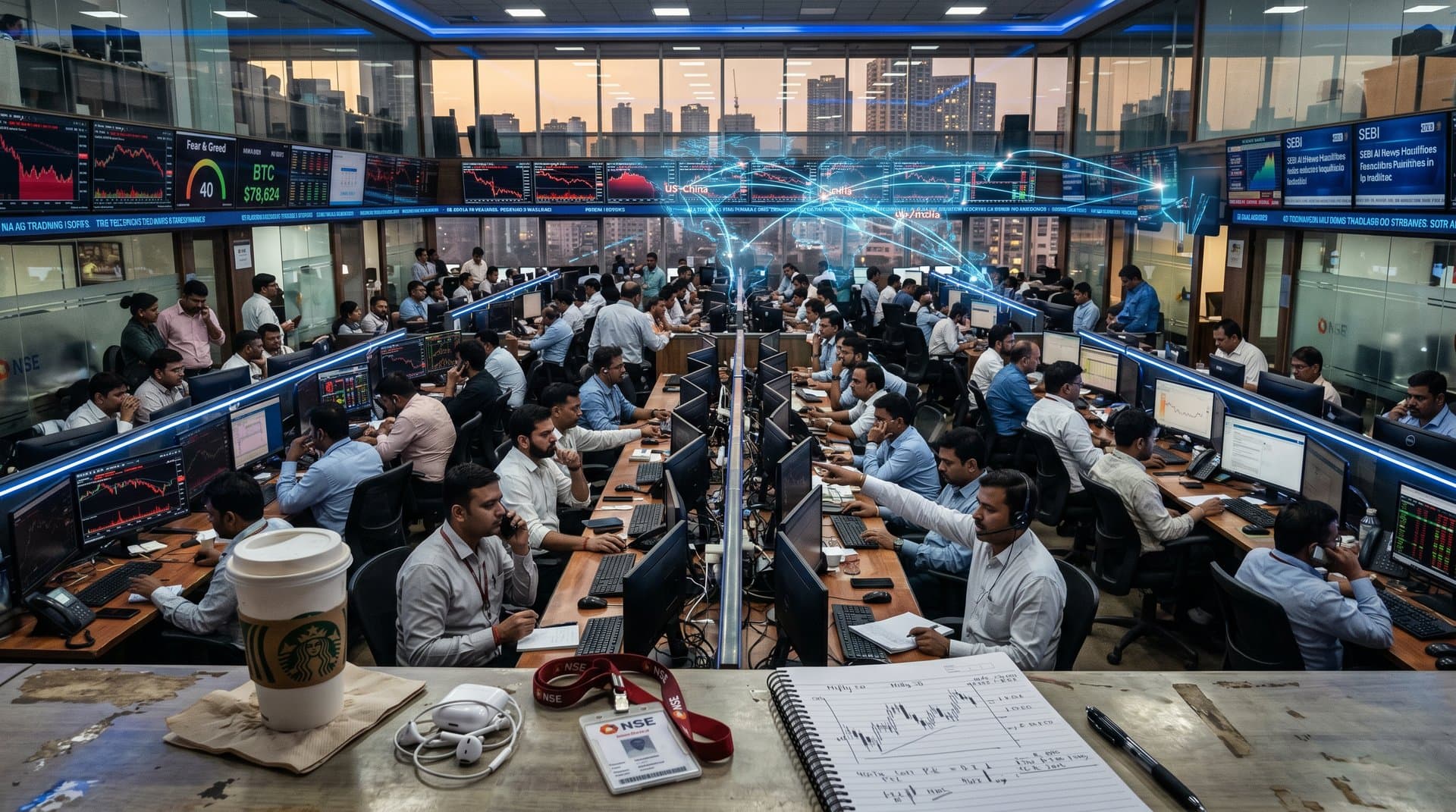 Futuristic NSE Mumbai trading floor displaying SEBI AI risk advisory alerts, Fear & Greed at 40, BTC $78K charts, and geopolitical AI tensions under cyberpunk lighting