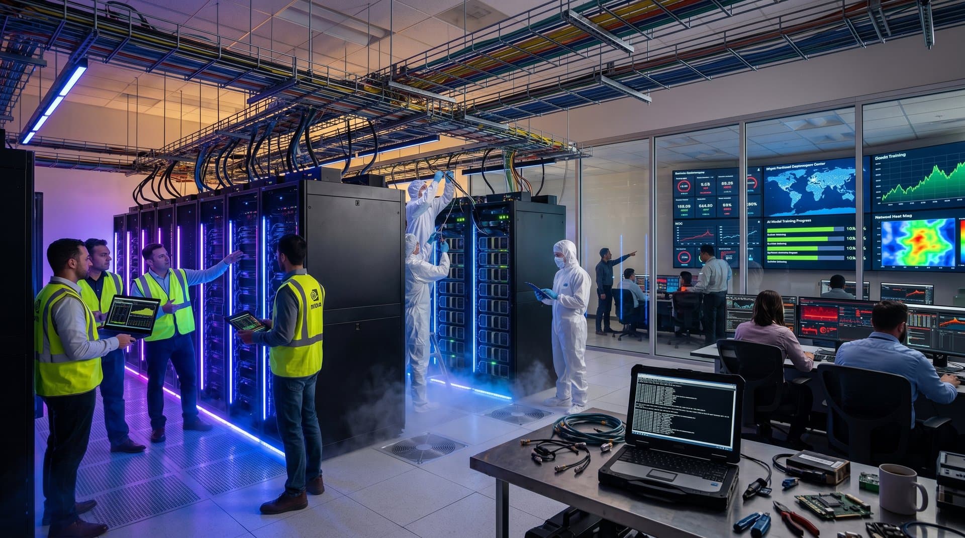 Glowing NVIDIA GPU racks in hyperscale data center with NOC video wall displaying AI metrics