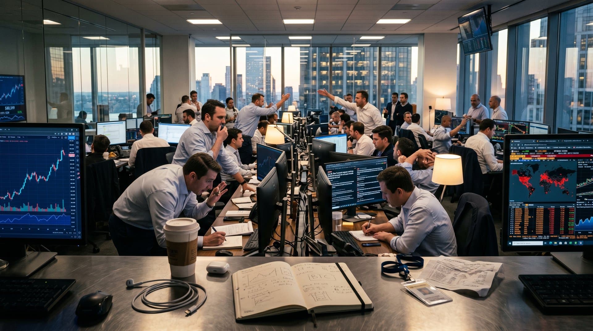 Traders monitor BTC at $80K and North Korea news on trading floor with skyline view