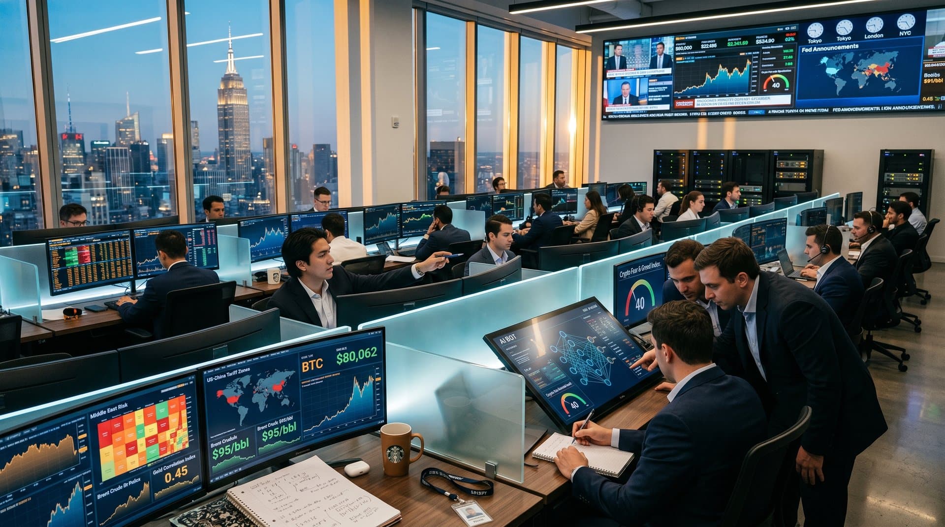 Trading desks with Bloomberg terminals showing BTC $80K, AI bots, Fear & Greed 40, and geopolitical charts