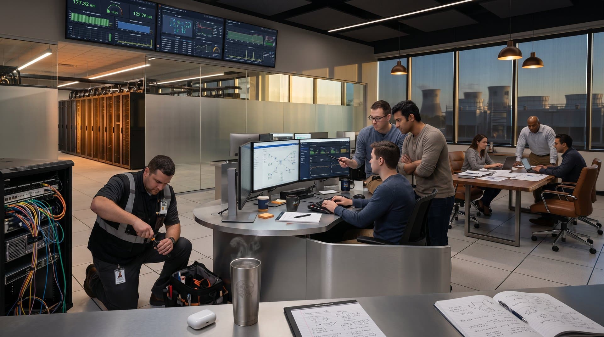 Technicians monitor servers in AWS Tier IV data center control room with dashboards, fiber cables, and glowing status panels amid busy engineering activity