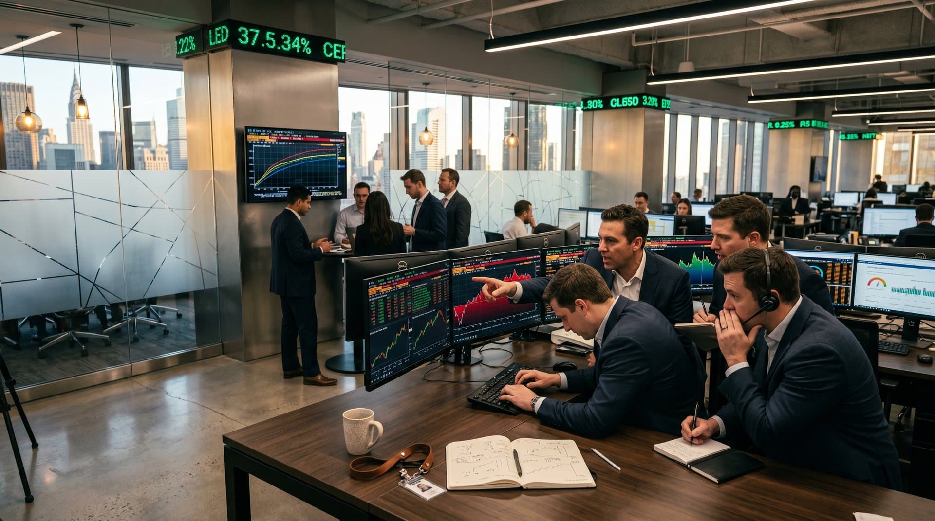 Trading floor screens display opaque trust flows, ETF charts, and macro risk metrics in high-tech finance environment