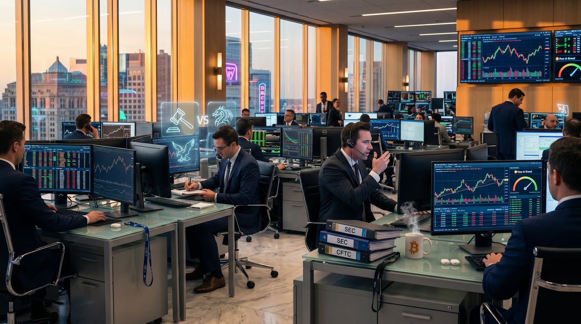Trading floor with Bloomberg terminals showing BTC at $80K, ETH charts, and Fear & Greed Index amid crypto volatility