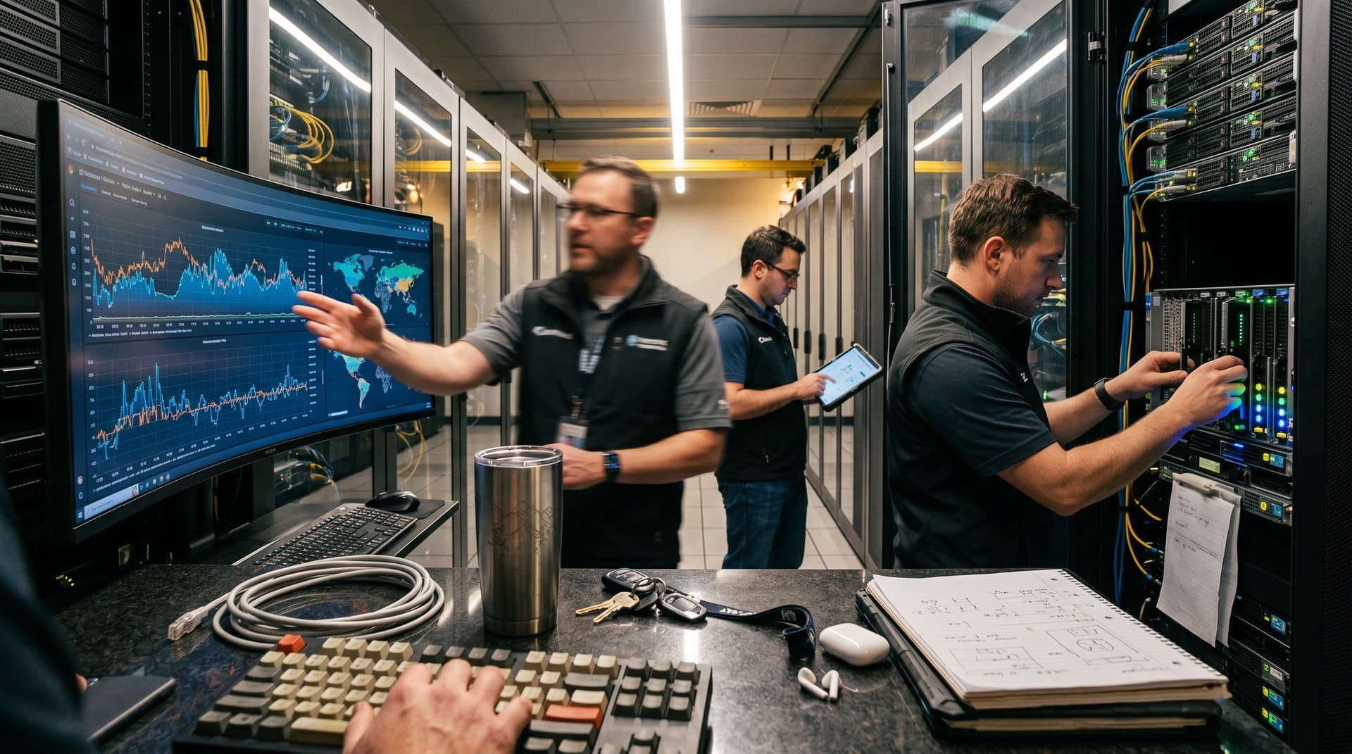 AWS data center with glowing server racks and holographic Chainlink oracle dashboards amid fiber optics and cooling systems in high-security facility