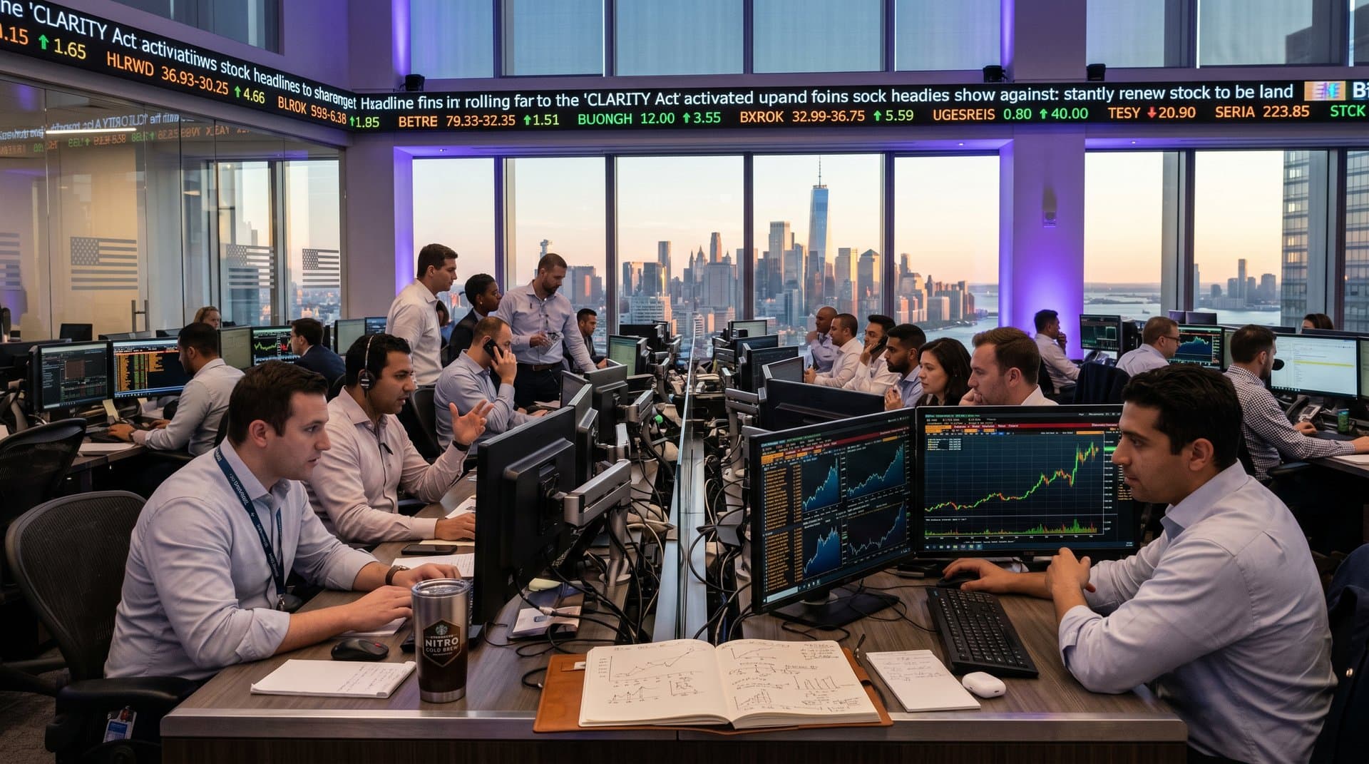Wall Street trading floor with Bloomberg Terminals showing Bitcoin at $80,870, CLARITY Act-driven crypto rally charts, and market data