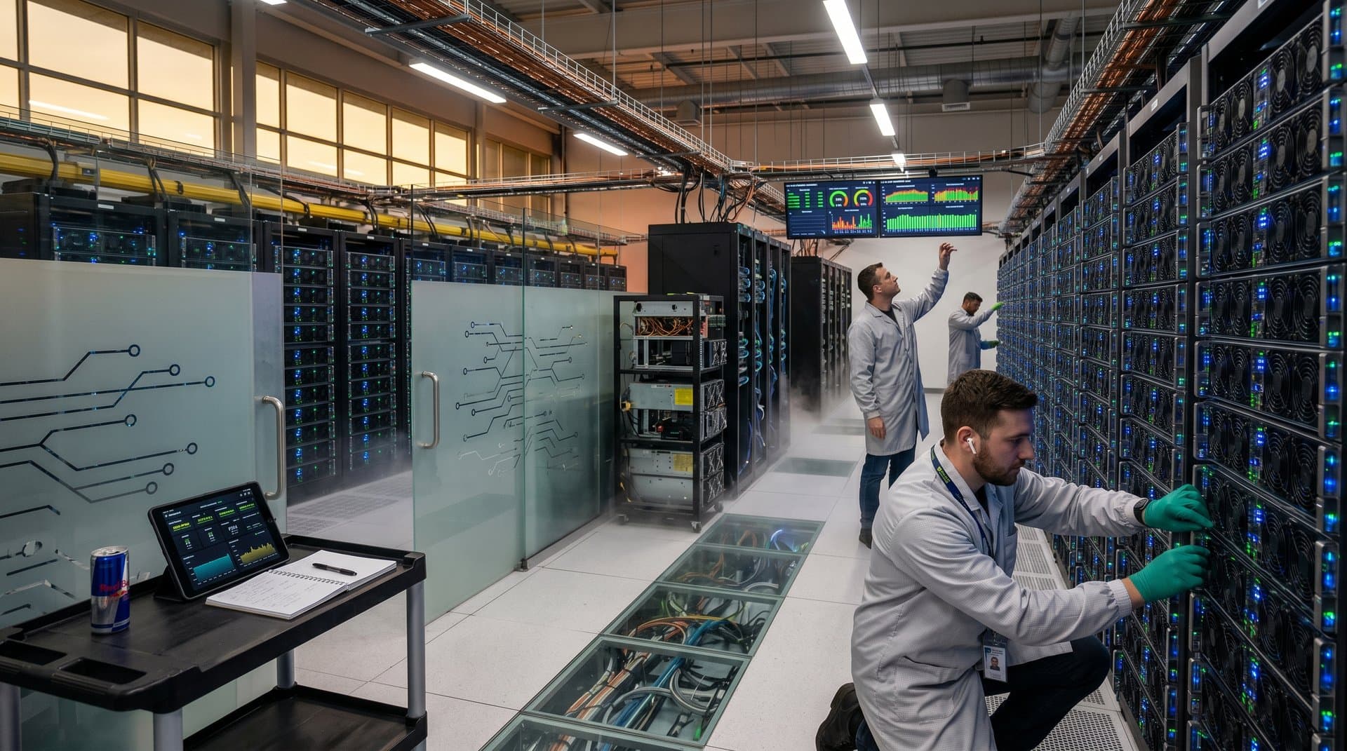 Engineers monitor AI servers in a Tier IV data center with glowing GPUs, raised floors, and power dashboards on multi-monitor stations