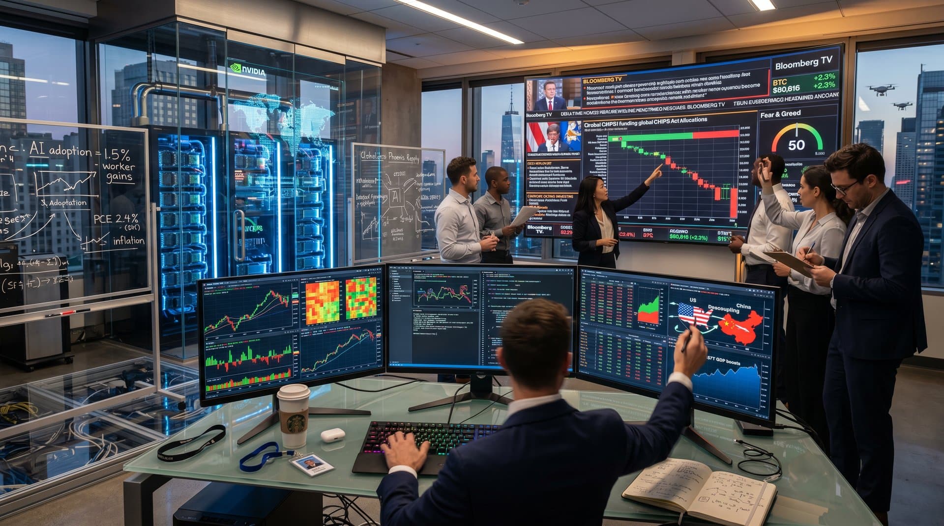 Futuristic AI-finance lab with Nasdaq charts, stock surges, server racks, and decoupling visuals