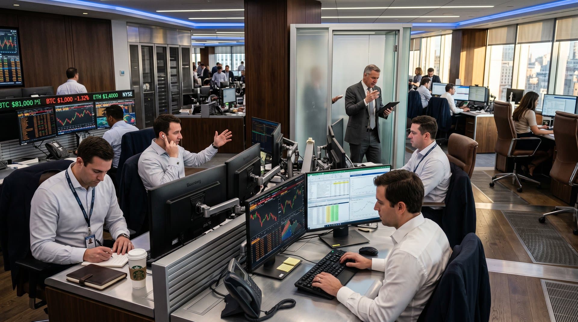Traders at Goldman Sachs desks with Bloomberg terminals showing Bitcoin and equity charts in modern trading floor
