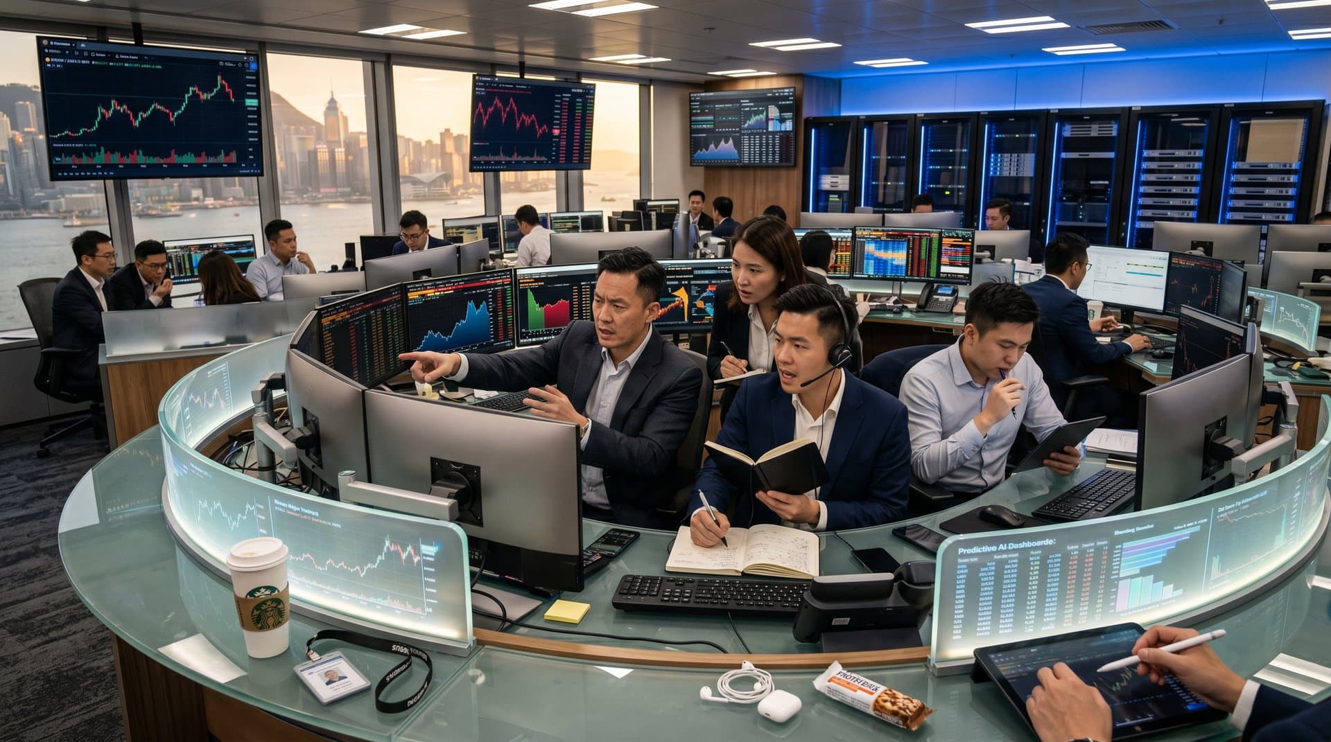 High-tech Hong Kong trading floor with monitors showing BTC at $81K, AI dashboards, and crypto-equity charts amid bustling professional activity