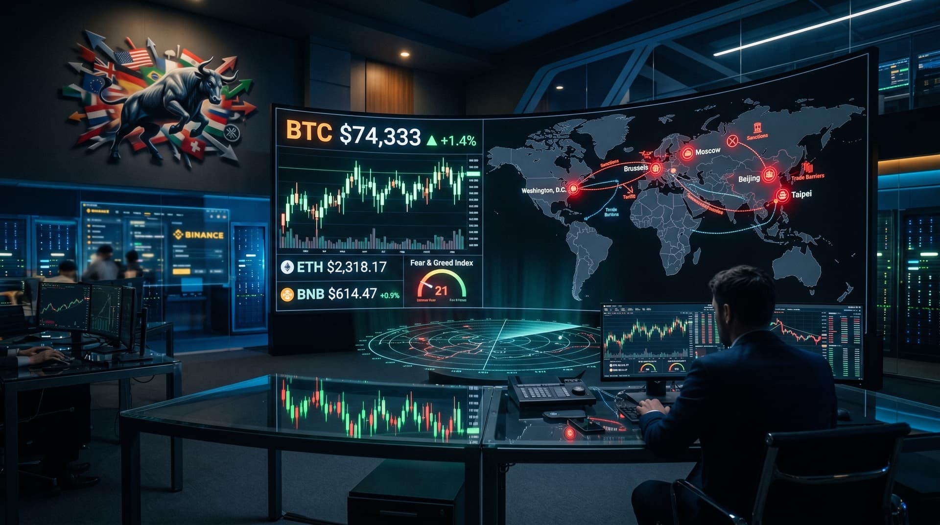 BullCryptoRadar Binance Playbook Counters Geopolitics as Fear Hits 21, BTC $74K