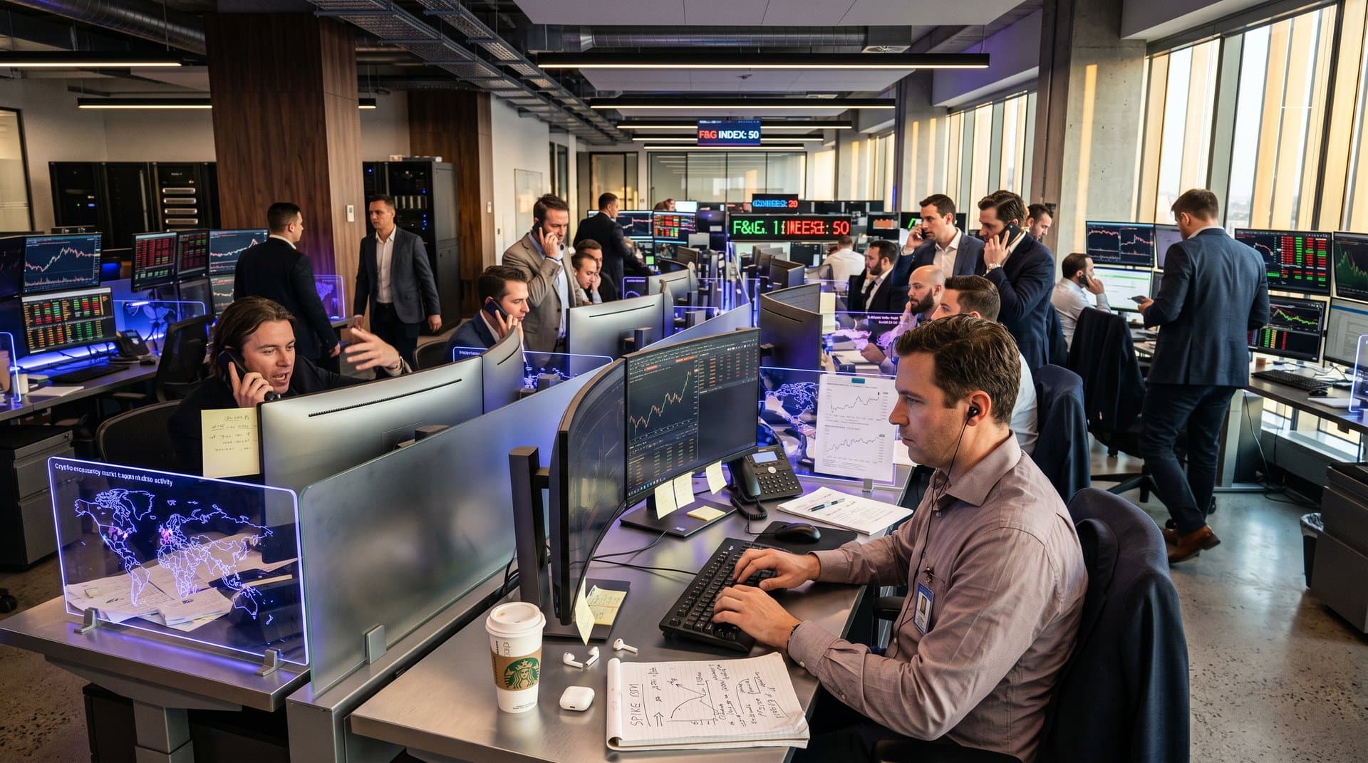 Traders monitor Bitcoin charts and volatility metrics on multi-screen setups amid neutral market sentiment on institutional trading floor