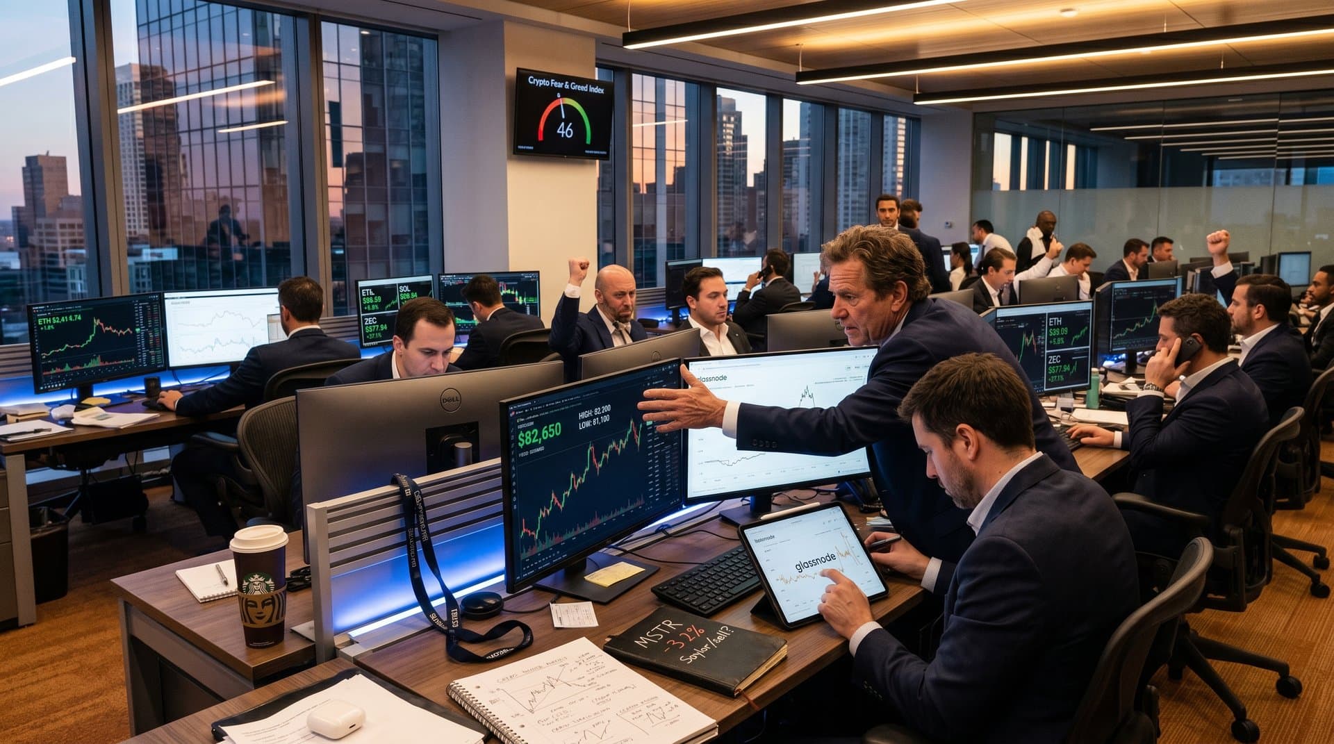 Traders analyze Michael Saylor Bitcoin sell signal with BTC at $82,650 charts on bustling trading floor overlooking city skyline